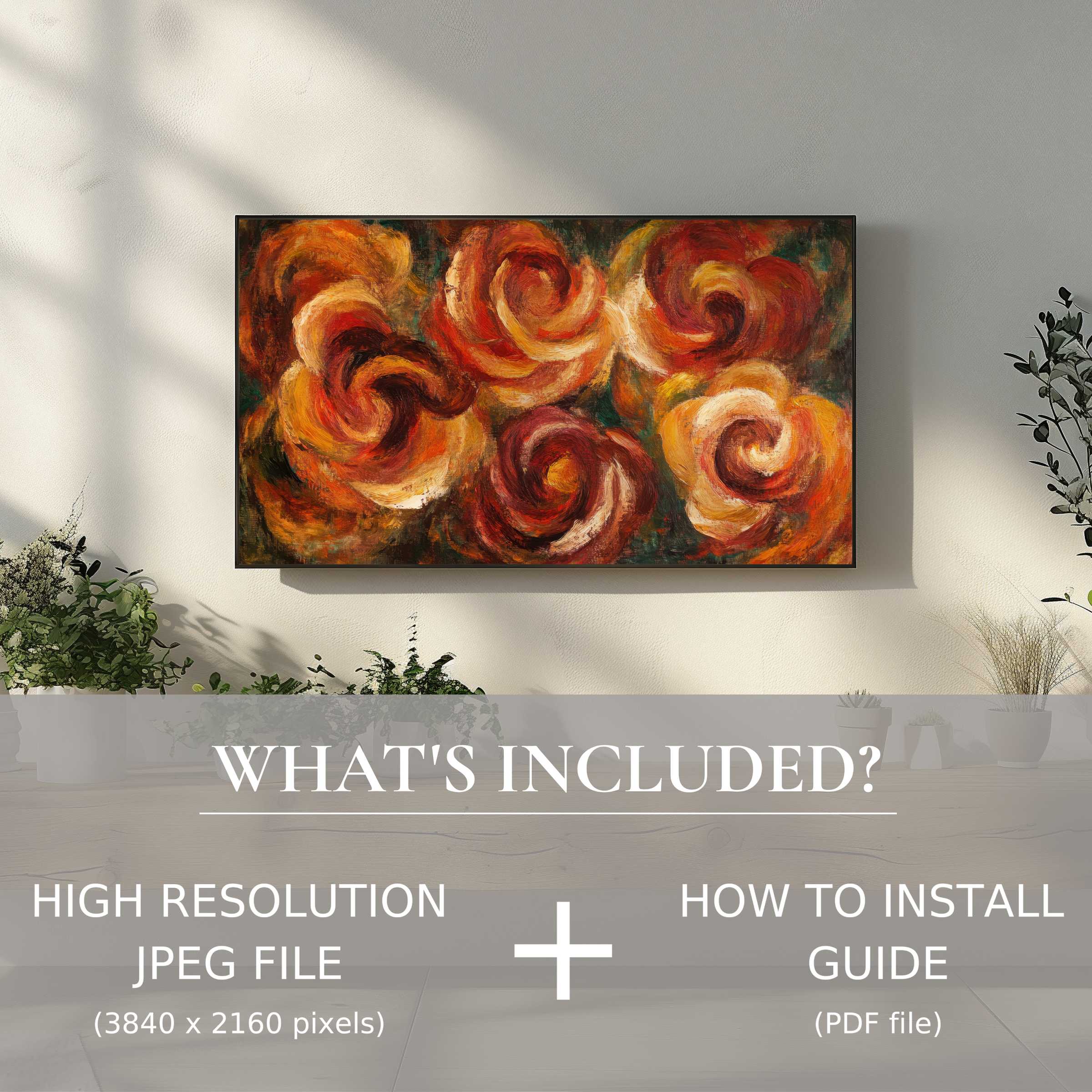 Elegant floral digital TV art download with rich hues, effortlessly elevating modern living spaces through easy digital use