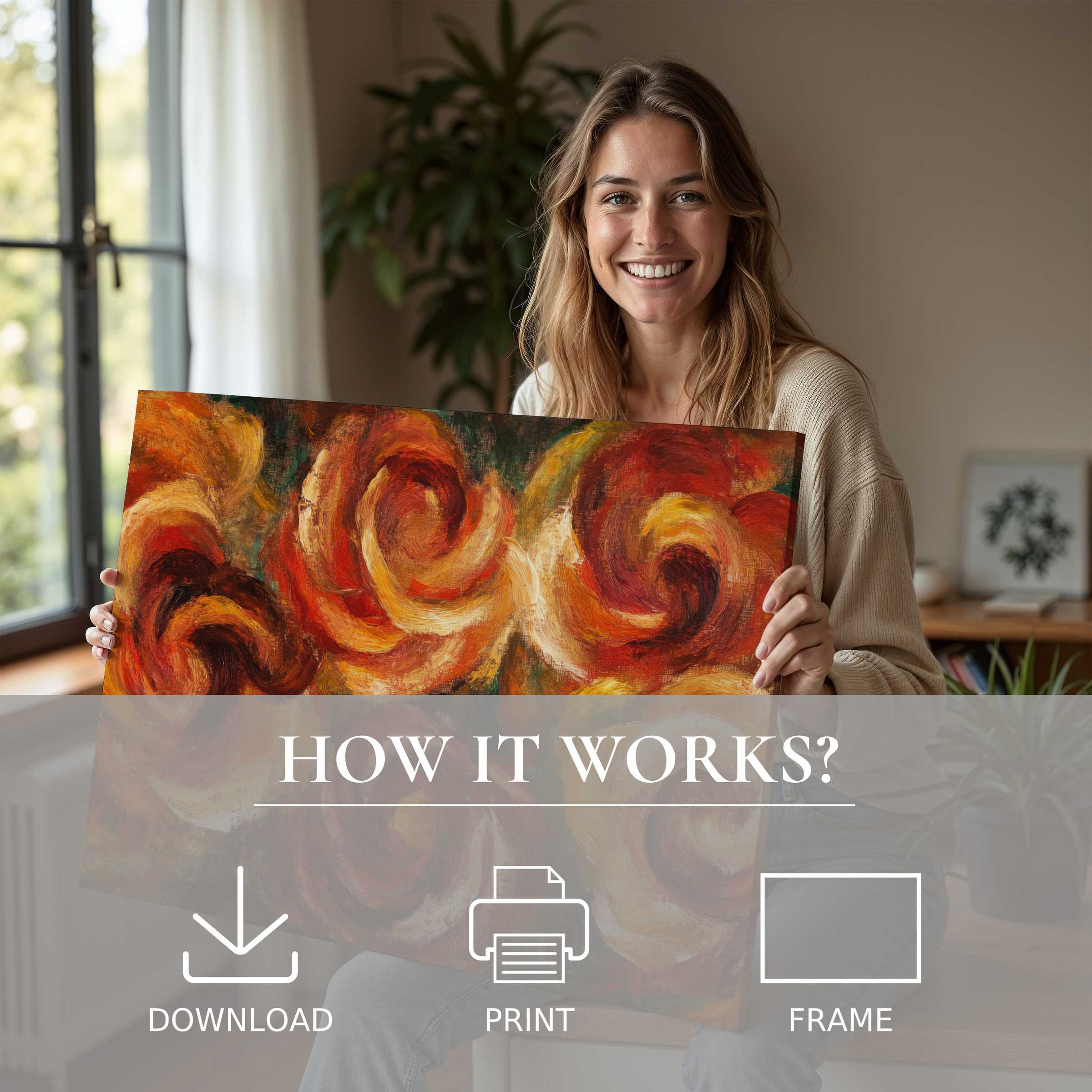 A woman radiates joy in a sunlit modern home, connecting deeply with a vibrant floral digital art print that enriches everyday living