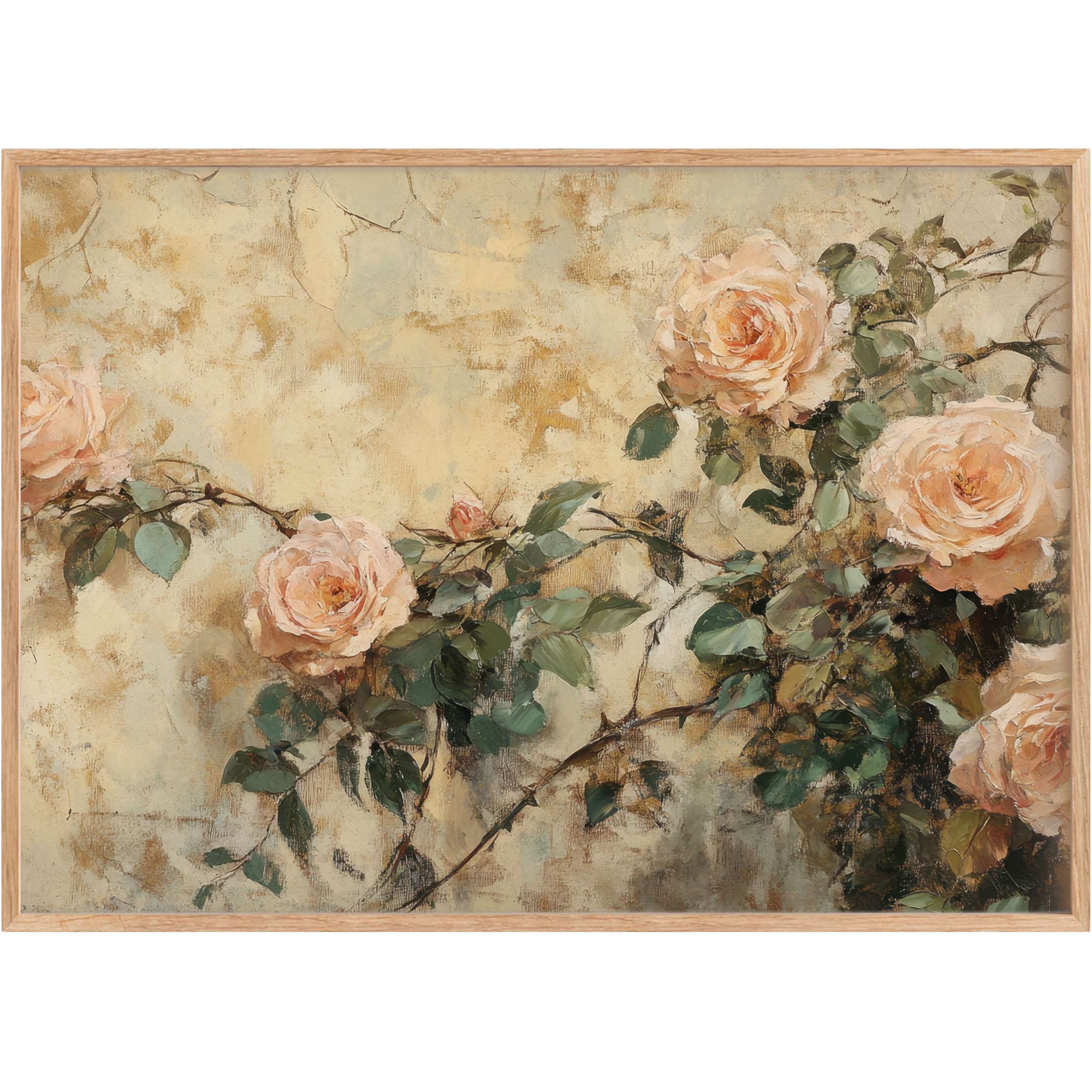 Elegant spring printable wall art featuring soft peach roses and deep green leaves, evoking a serene, timeless ambiance