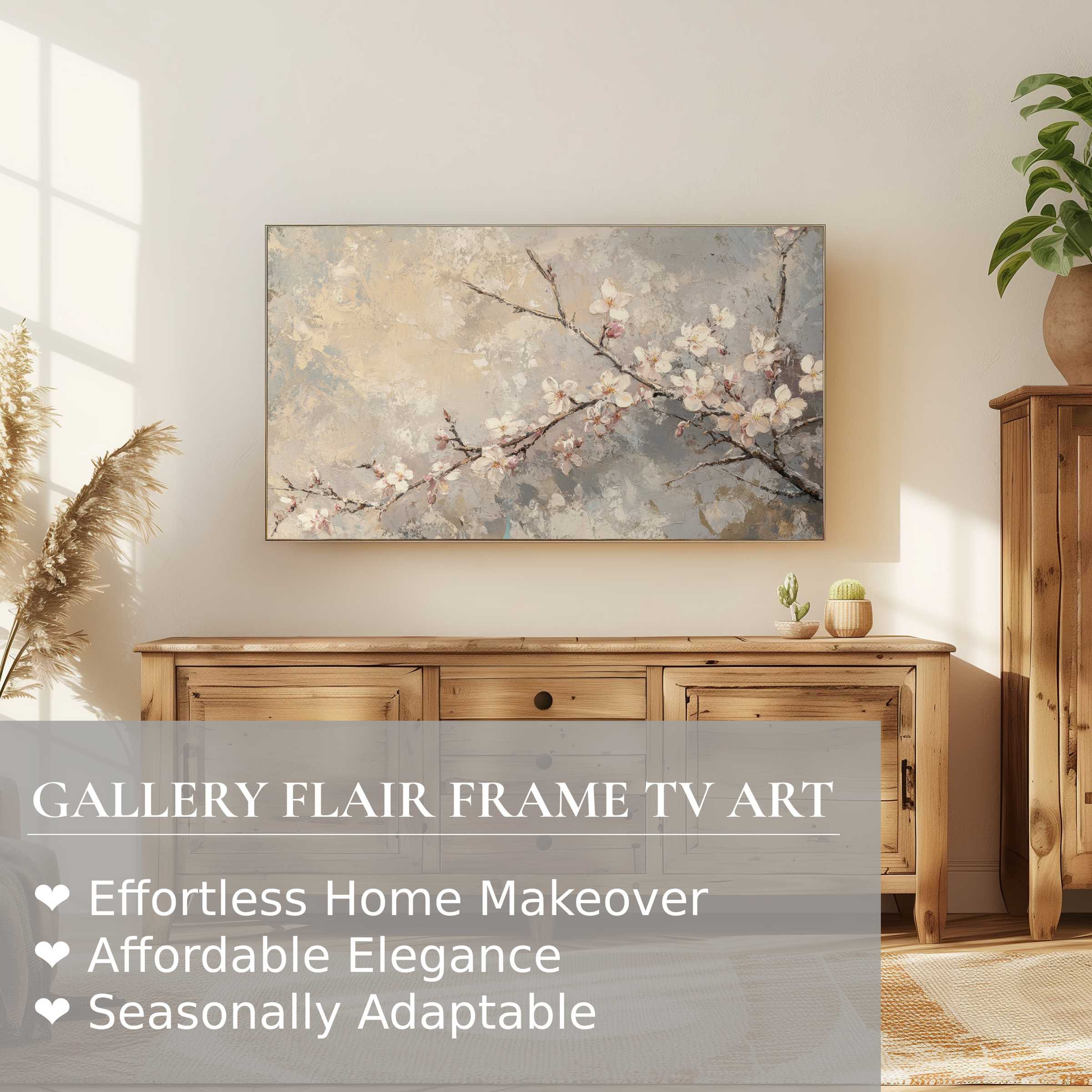 Samsung Frame TV with delicate tree digital artwork in a serene, sunlit room with natural wood accents