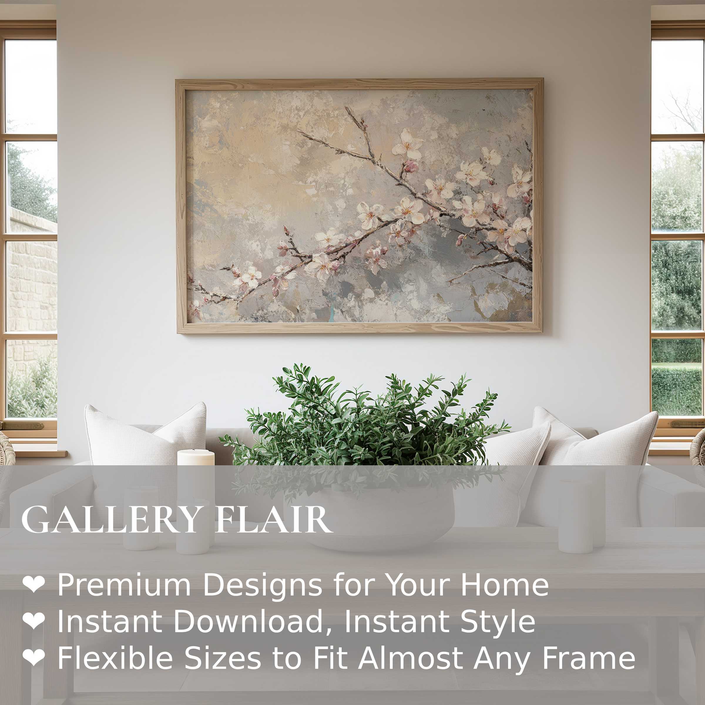 Elegant tree wall art print featuring soft, blooming branches in a serene palette, enhancing modern minimalist interiors with calm sophistication