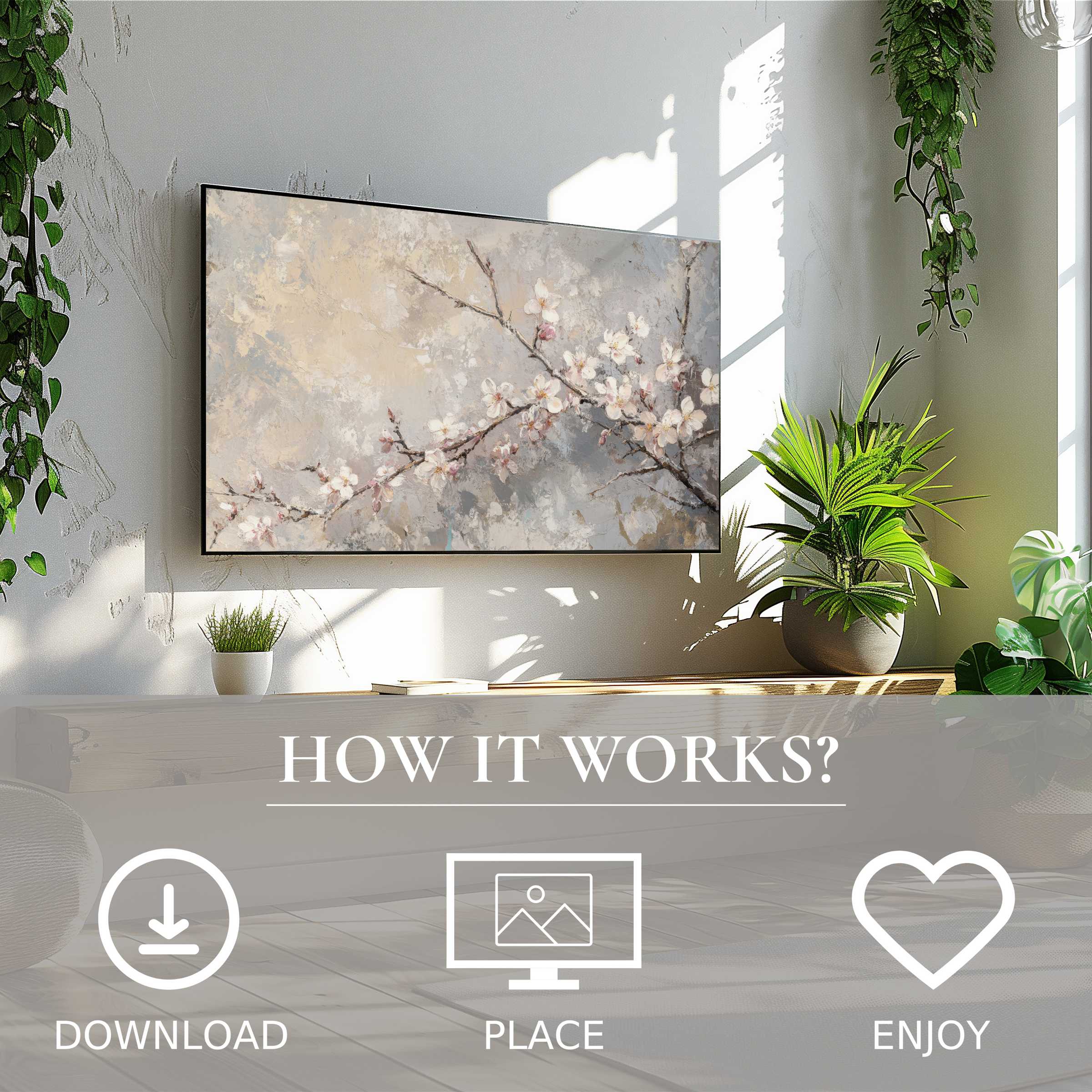 Tree art for Samsung TV shows soft pastel blossoms, easy digital download enhancing modern living spaces with calm motifs