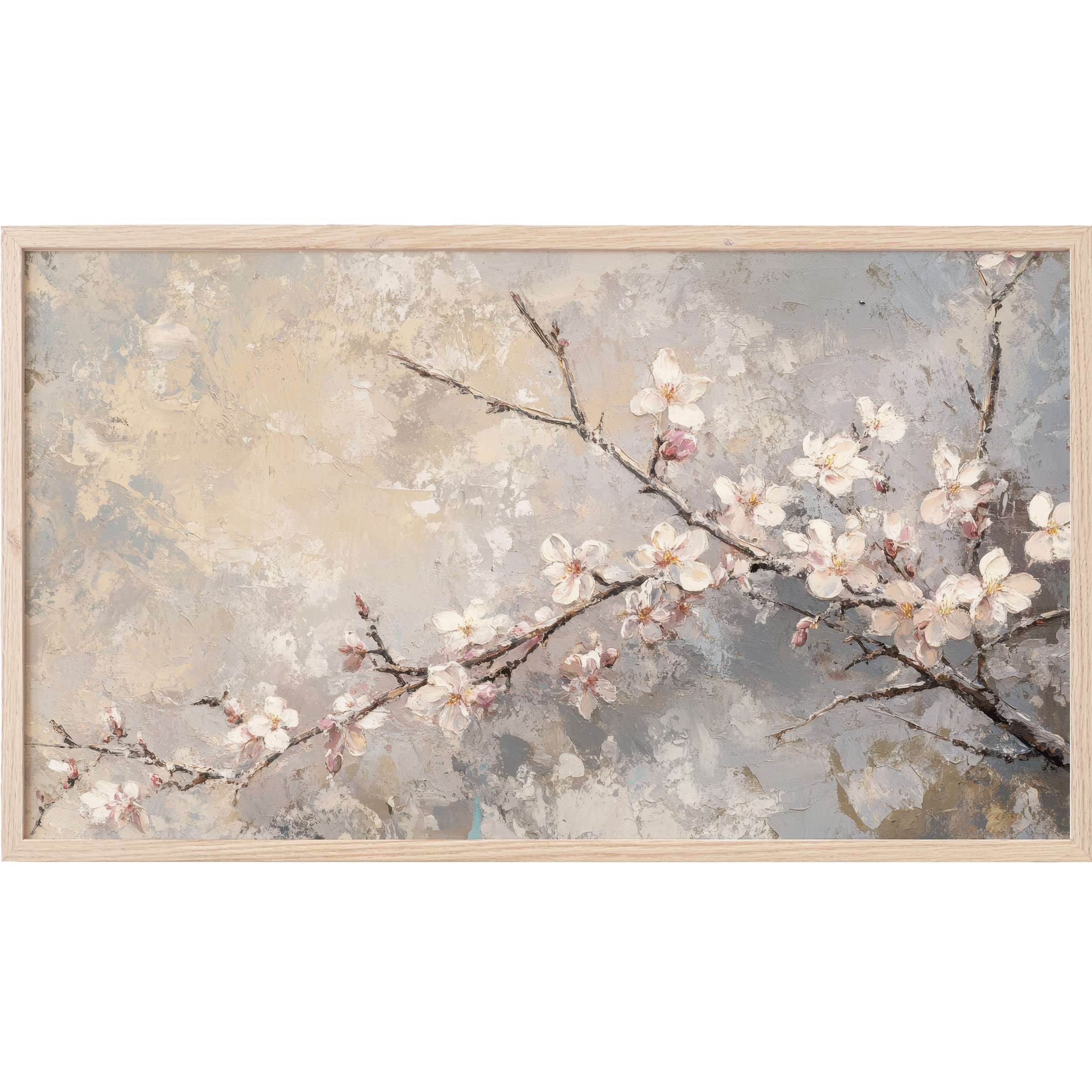 Soft pastel hues showcase delicate blossoms on textured branches in this elegant tree Frame TV Art piece