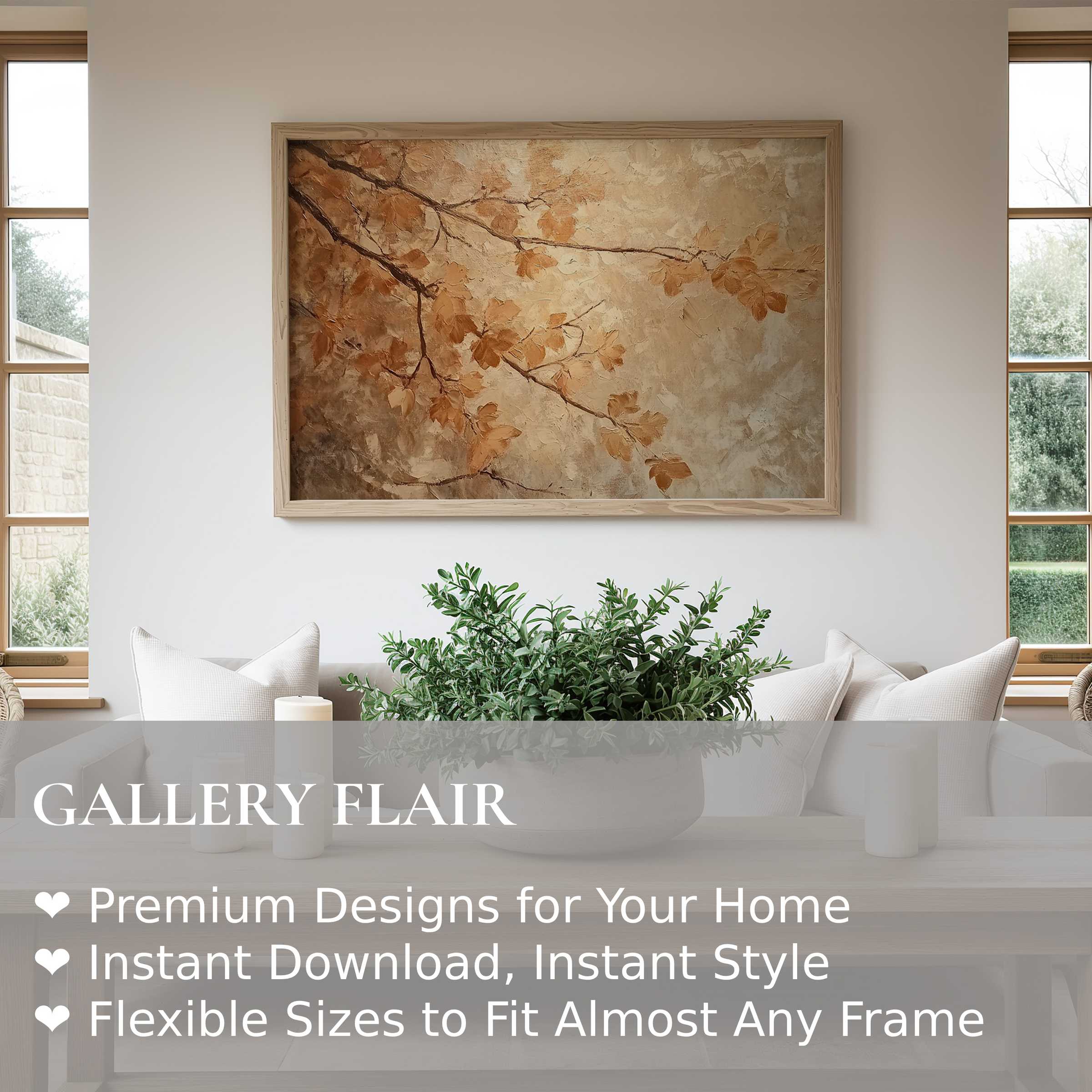 Fall wall art print featuring textured autumn leaves in warm ochre tones, adding radiant warmth to serene modern interiors