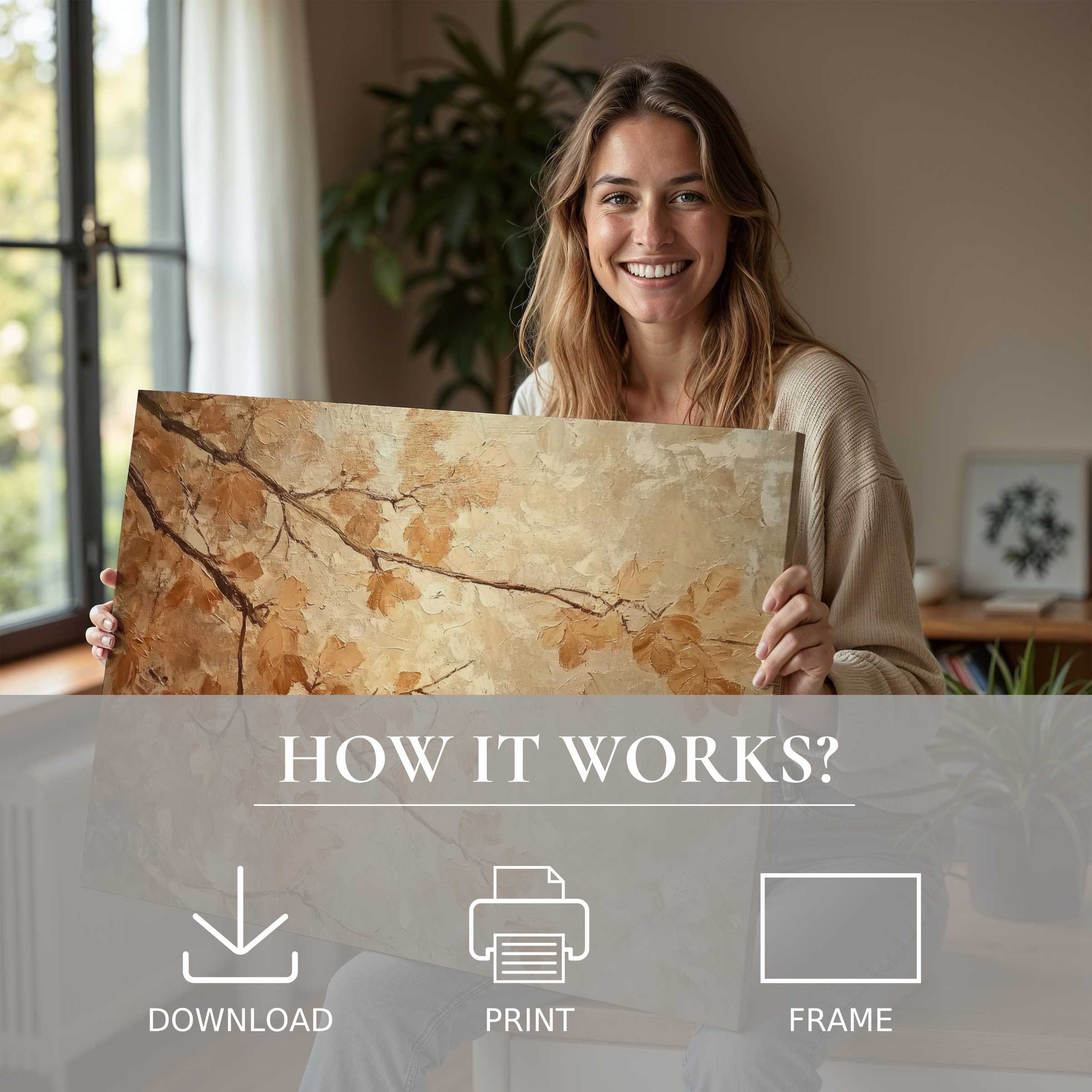 A radiant woman in a modern, sunlit home embraces the warm, textured fall digital art print, inspiring serene joy and effortless elegance in everyday living