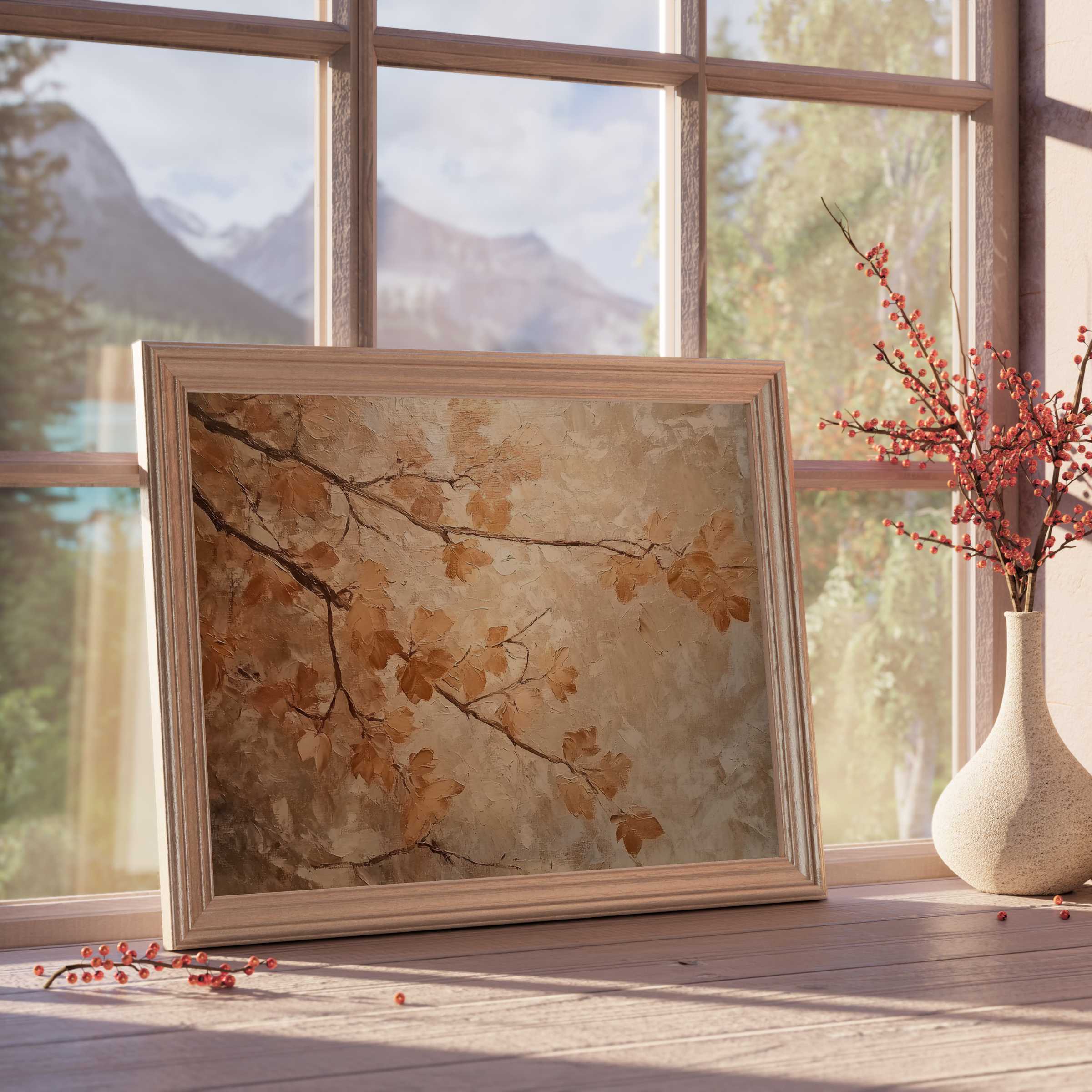 Warm, calm fall downloadable art featuring textured amber leaves and branches, elevating refined, tranquil interiors with subtle autumnal elegance