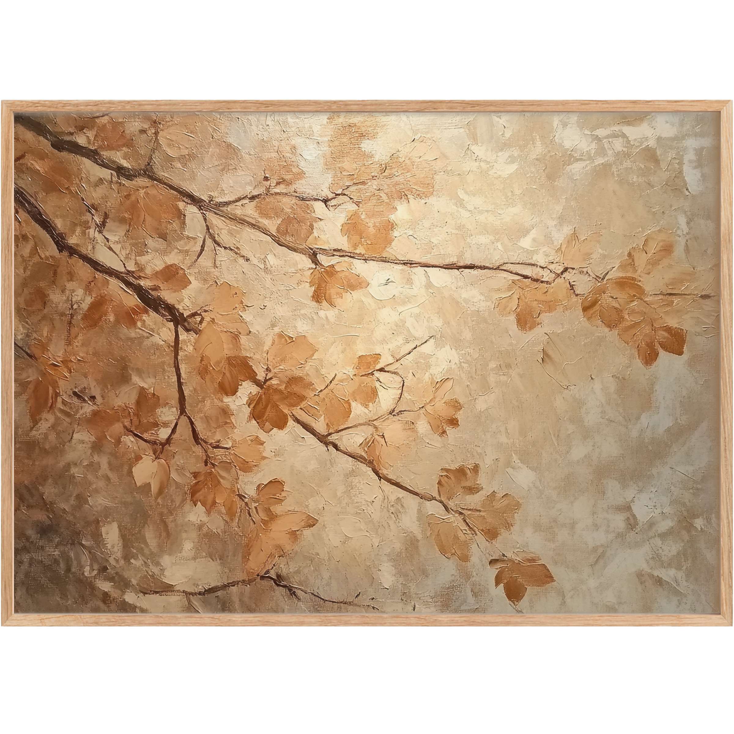 Elegant fall printable wall art featuring warm amber leaves on soft beige, evoking a serene and timeless autumn ambiance