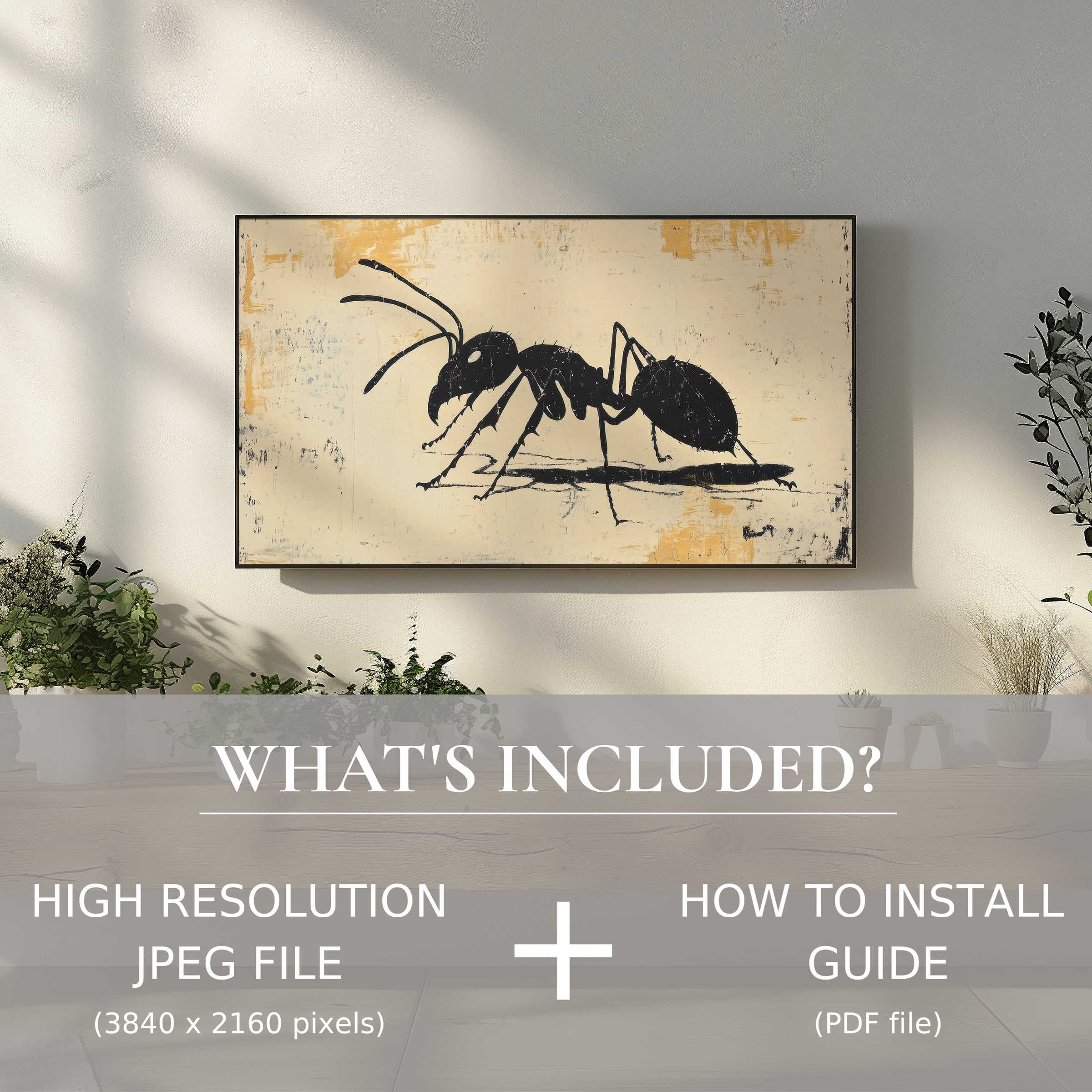 Elegant minimalist digital TV art download of an ant enhances stylish living spaces with easy digital use and high-res JPEG