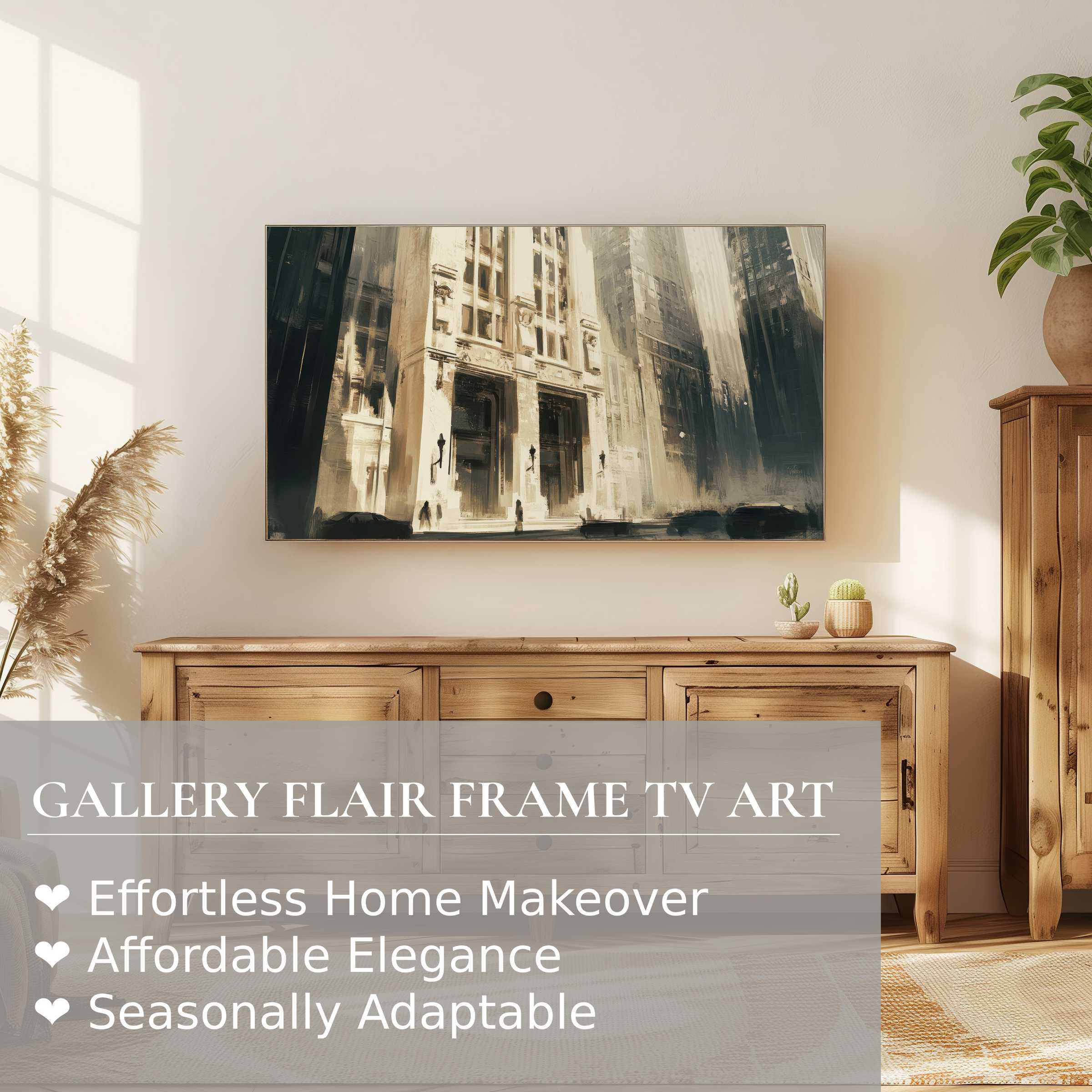 Samsung Frame TV displays urban digital artwork with sleek, muted tones in a refined, modern home setting