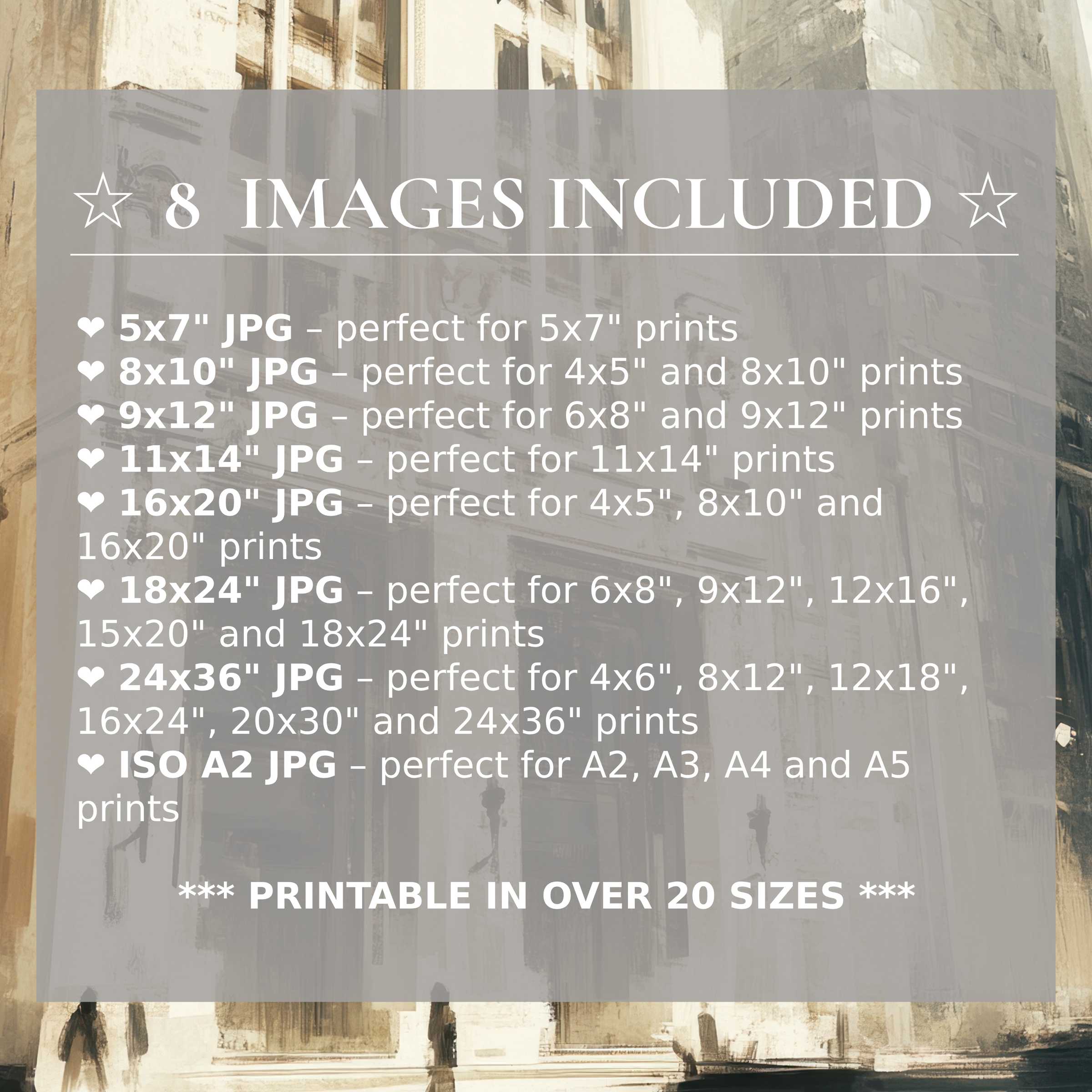 Urban digital print with radiant sepia tones, offering timeless elegance and bold architectural charm in 8 high-quality included sizes