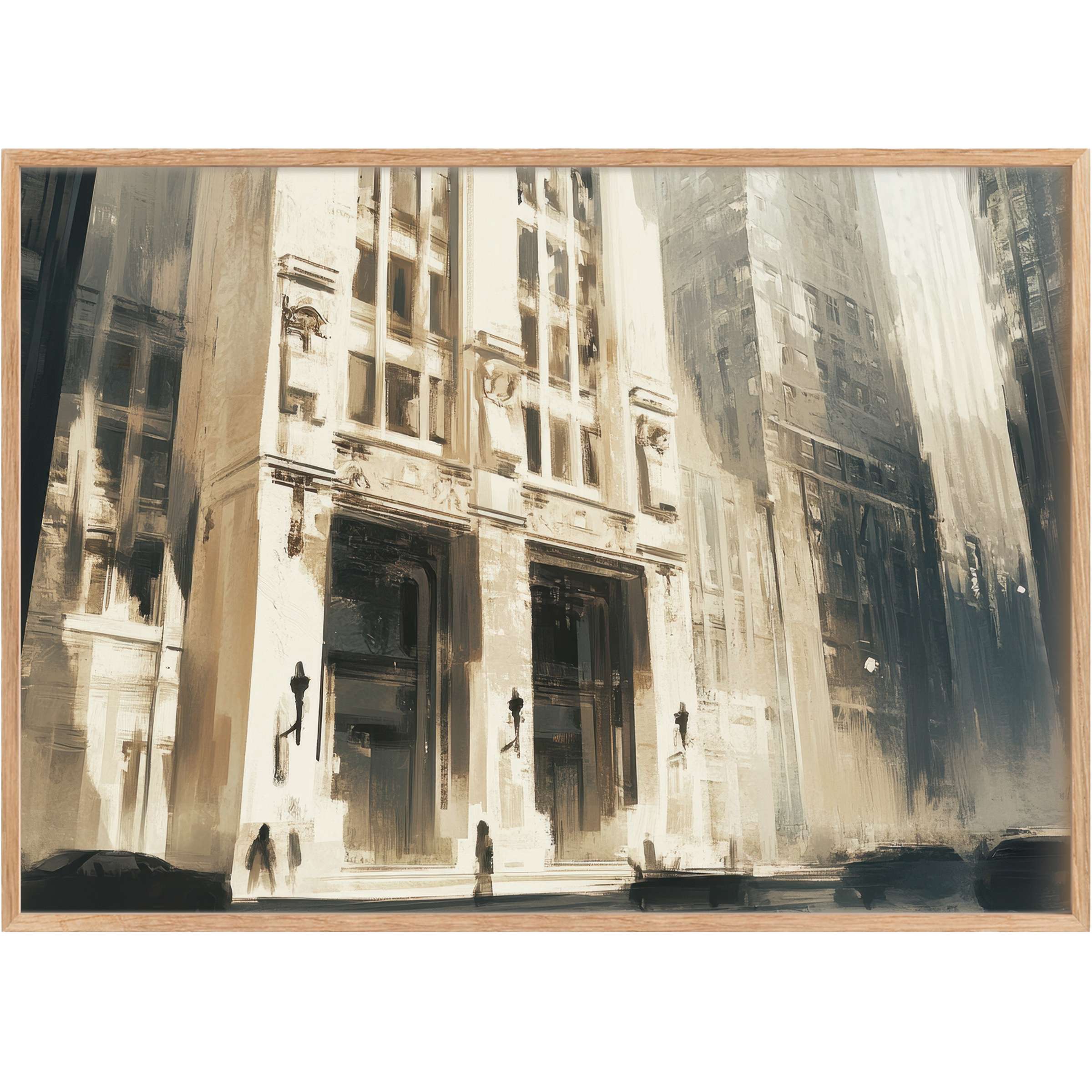 Urban printable wall art capturing the timeless elegance of city architecture in warm sepia tones, evoking a serene, luminous ambiance
