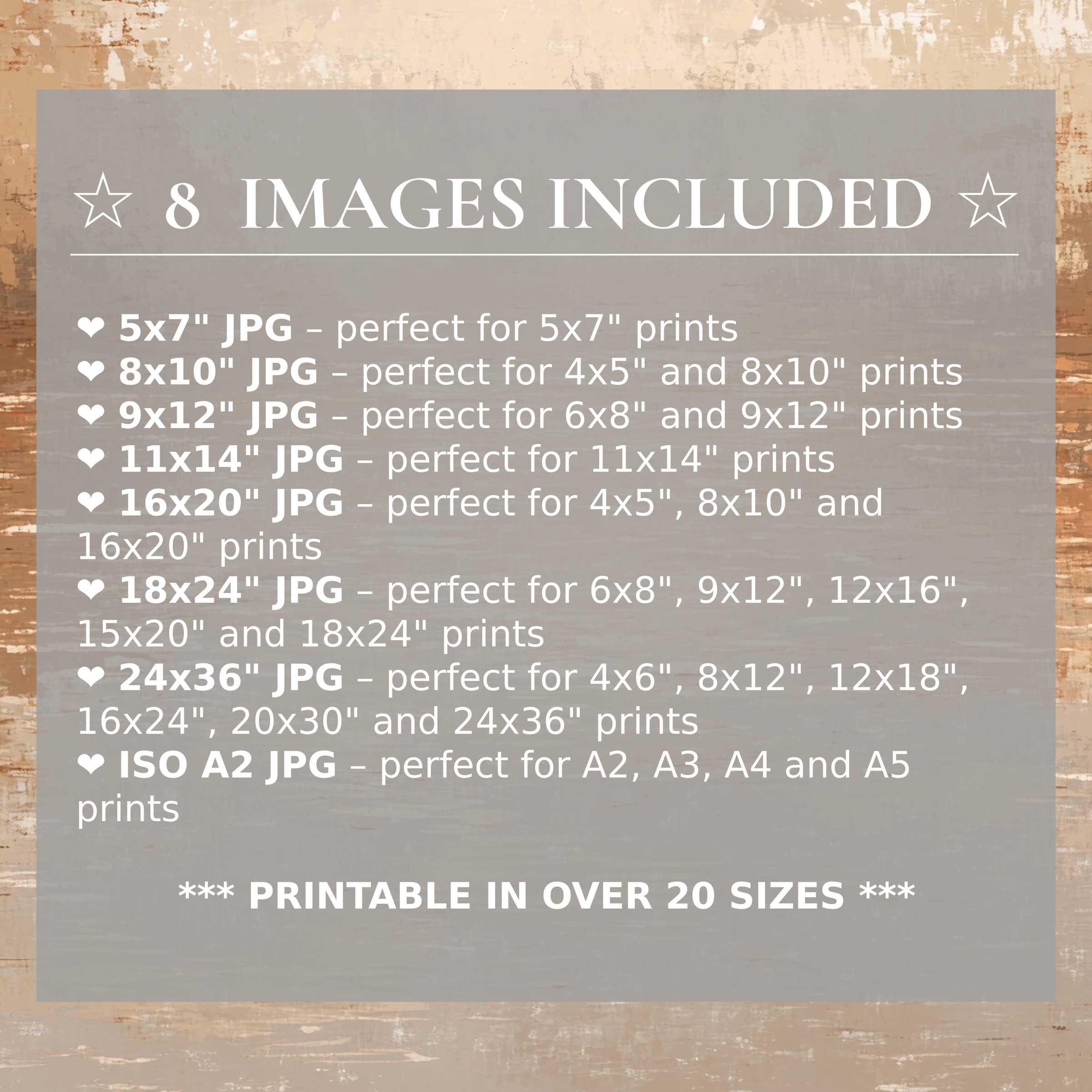 Vintage digital print radiates warm beige and soft gray hues, included in 8 premium sizes to elevate modern interiors with timeless elegance and versatile style