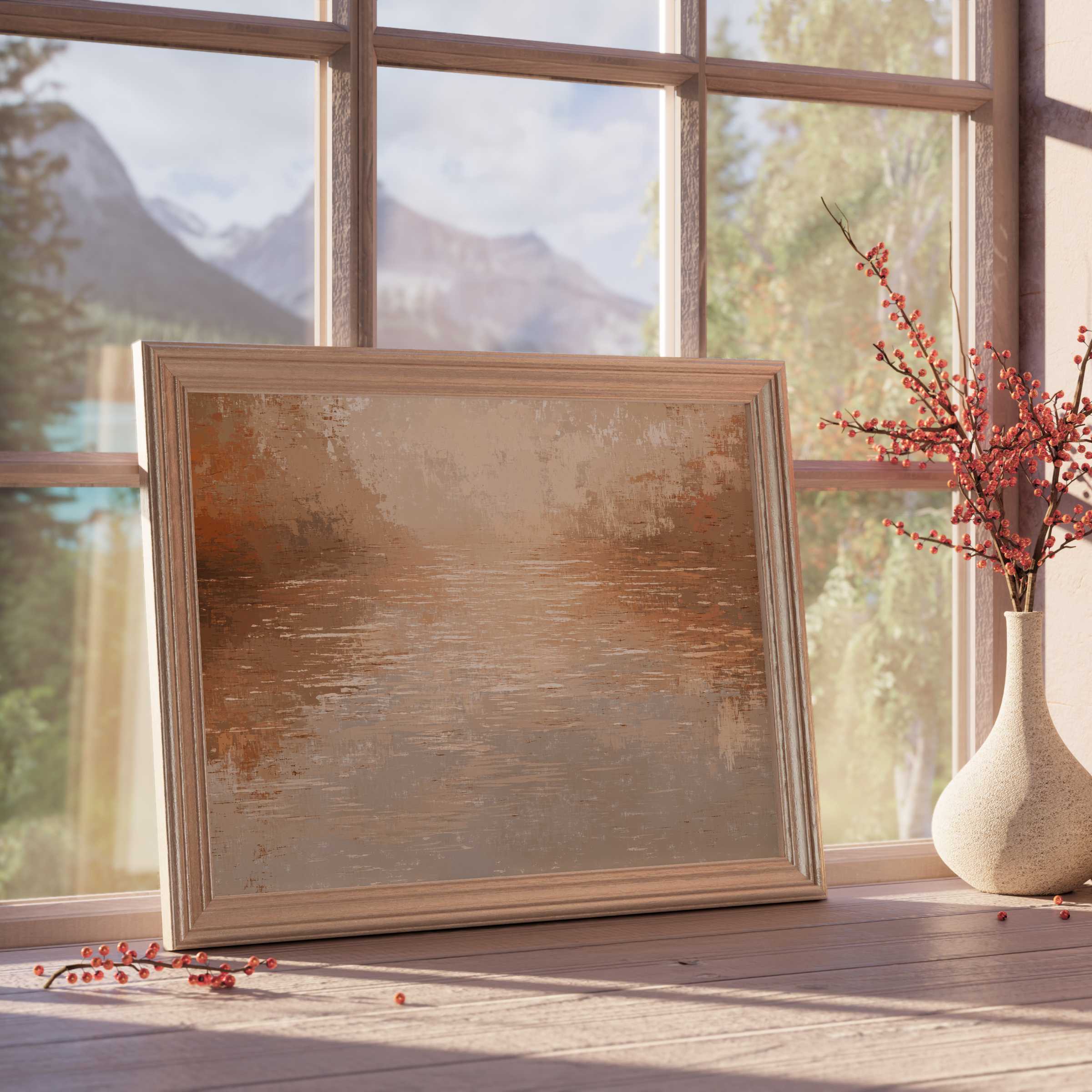 Vintage downloadable art with warm earthy textures enhancing tranquil, curated interiors through timeless, elegant design-forward style