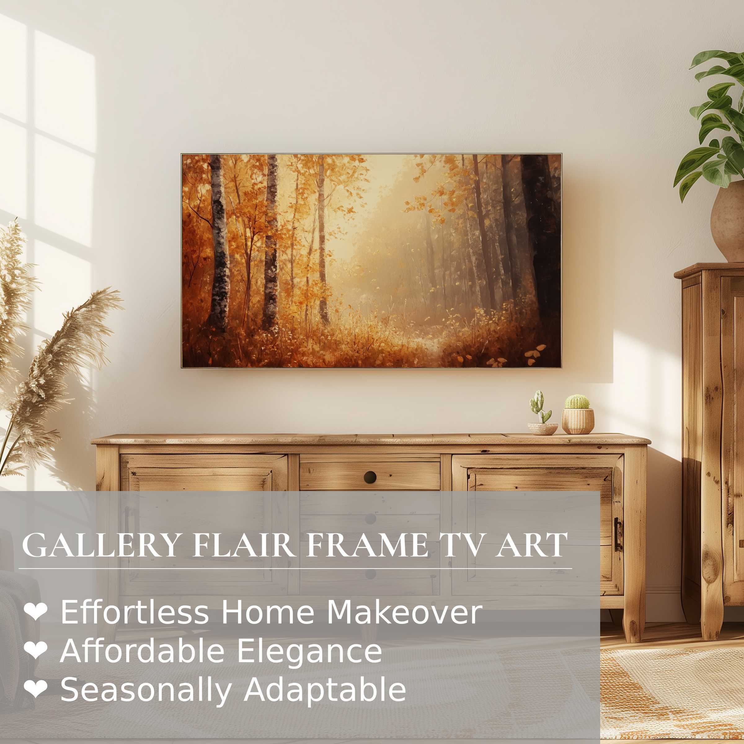 Samsung Frame TV showcases warm autumn hues in botanical digital artwork, perfect for refined modern interiors
