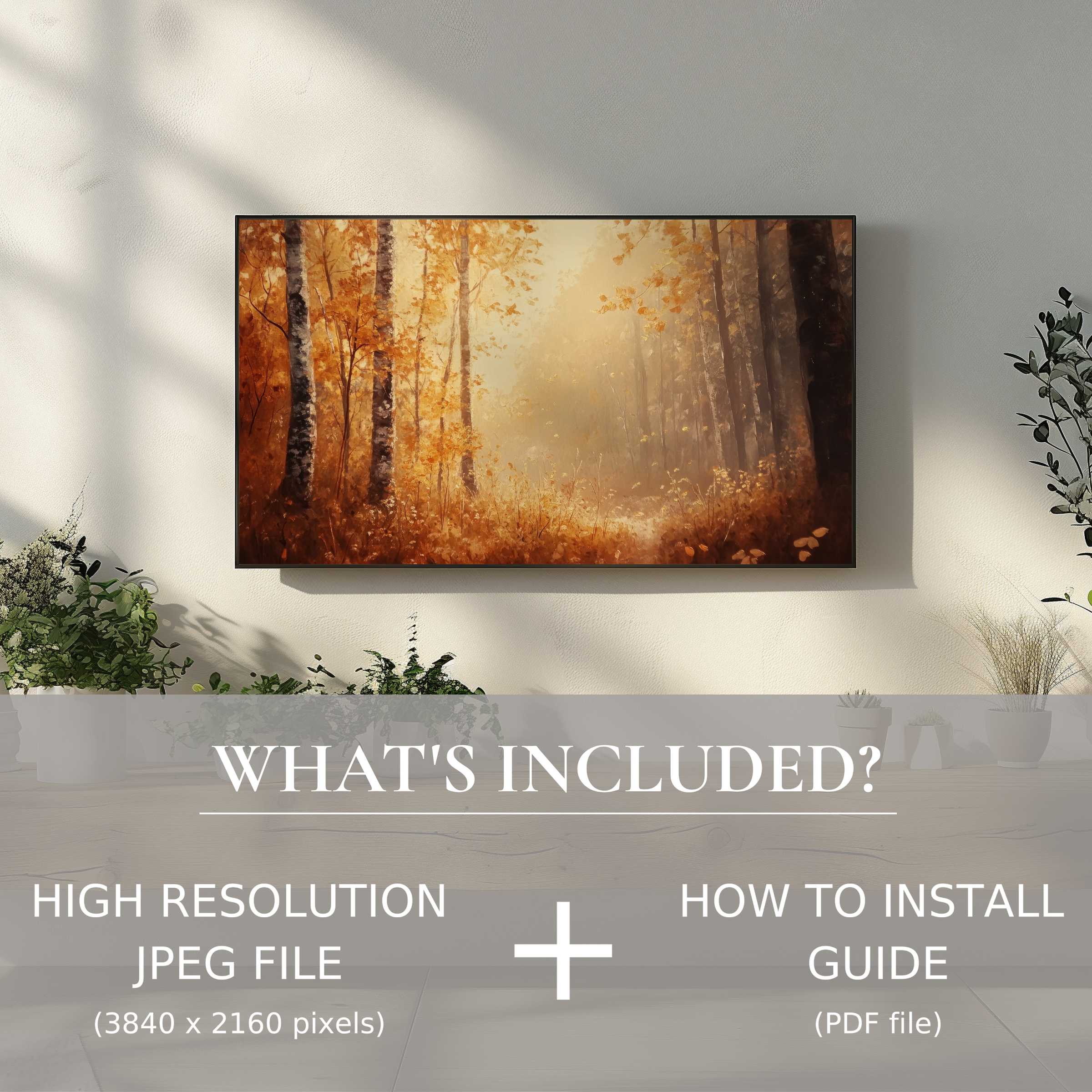 Elegant botanical digital TV art download featuring warm autumn hues, enhancing living spaces with easy digital use