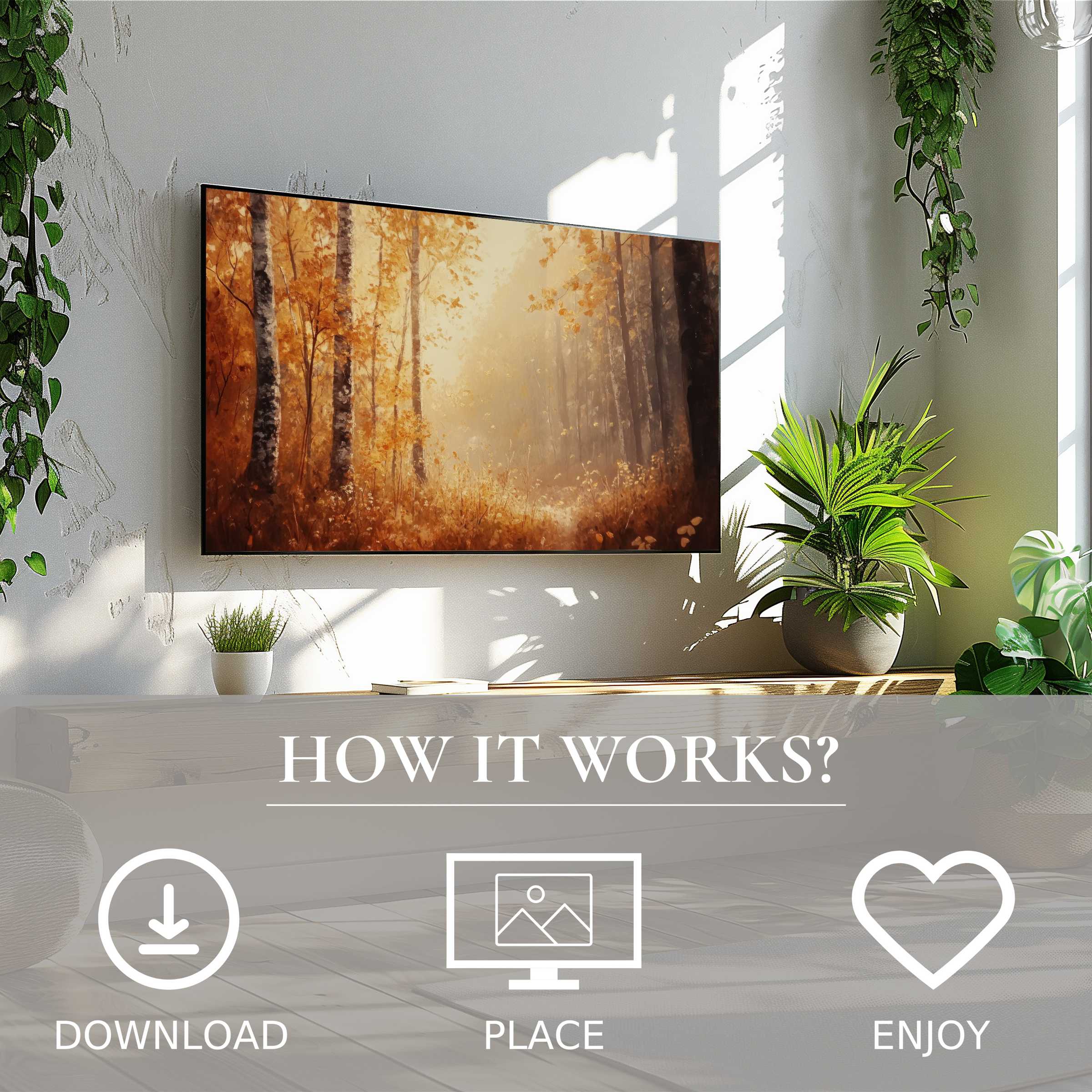 Botanical art for Samsung TV shows soft autumn forest tones, easy digital download, enriching modern living spaces