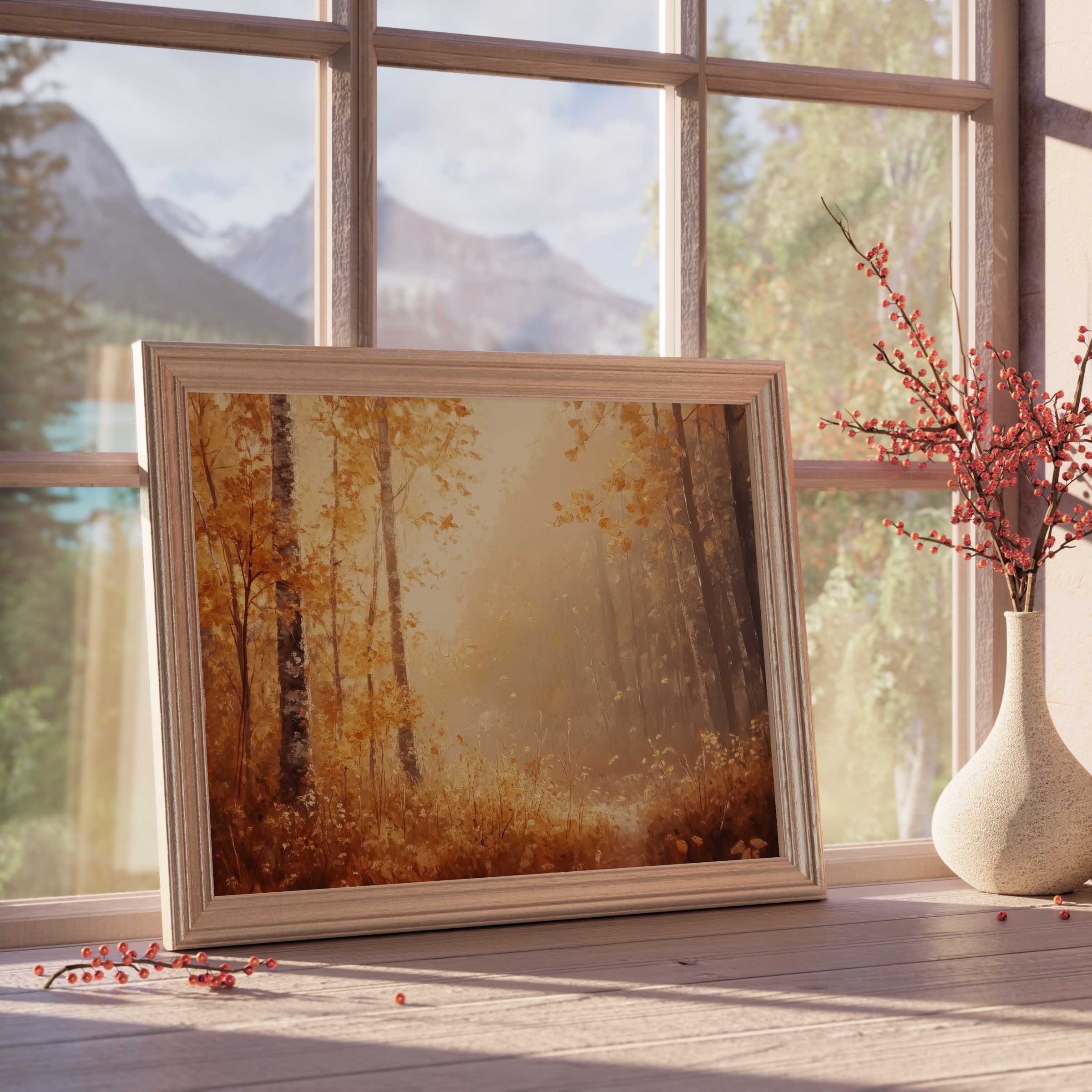 Botanical downloadable art capturing a serene autumn forest glow, enriching curated interiors with warm, tranquil elegance