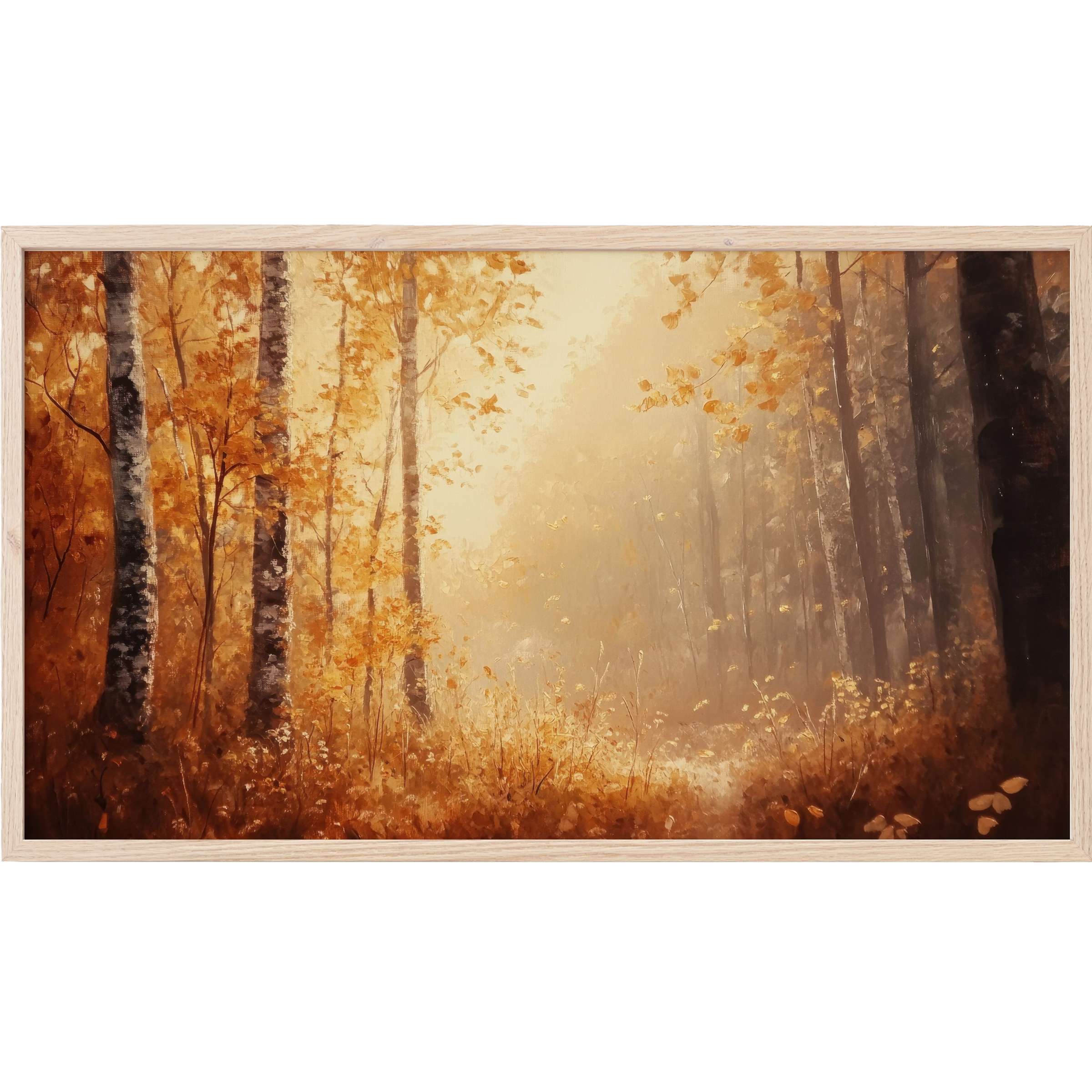 Serene autumn forest scene in warm golds and browns, framed elegantly botanical Frame TV Art for modern decor