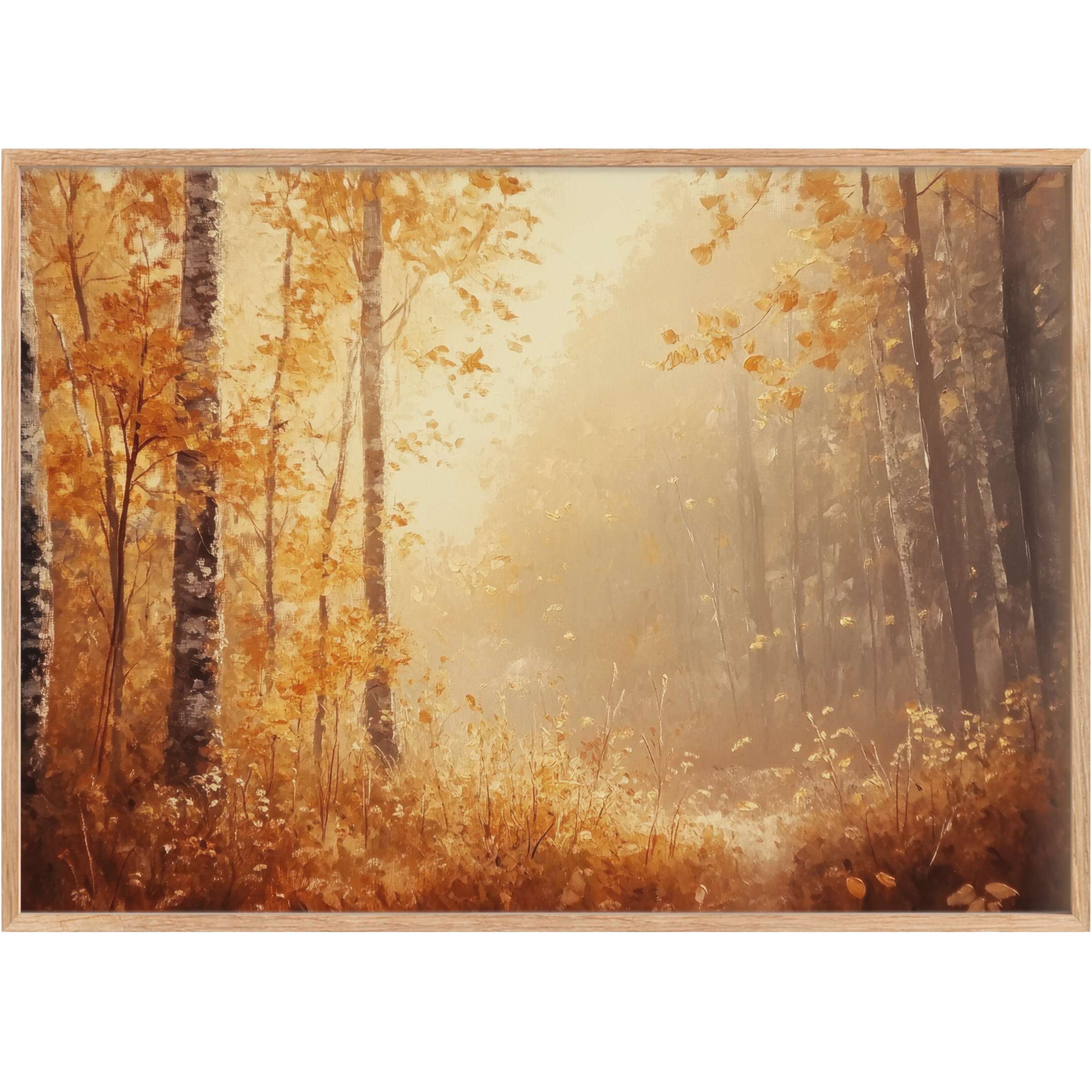 Botanical printable wall art featuring a serene autumn forest scene in warm amber and gold tones, evoking calm and cozy elegance