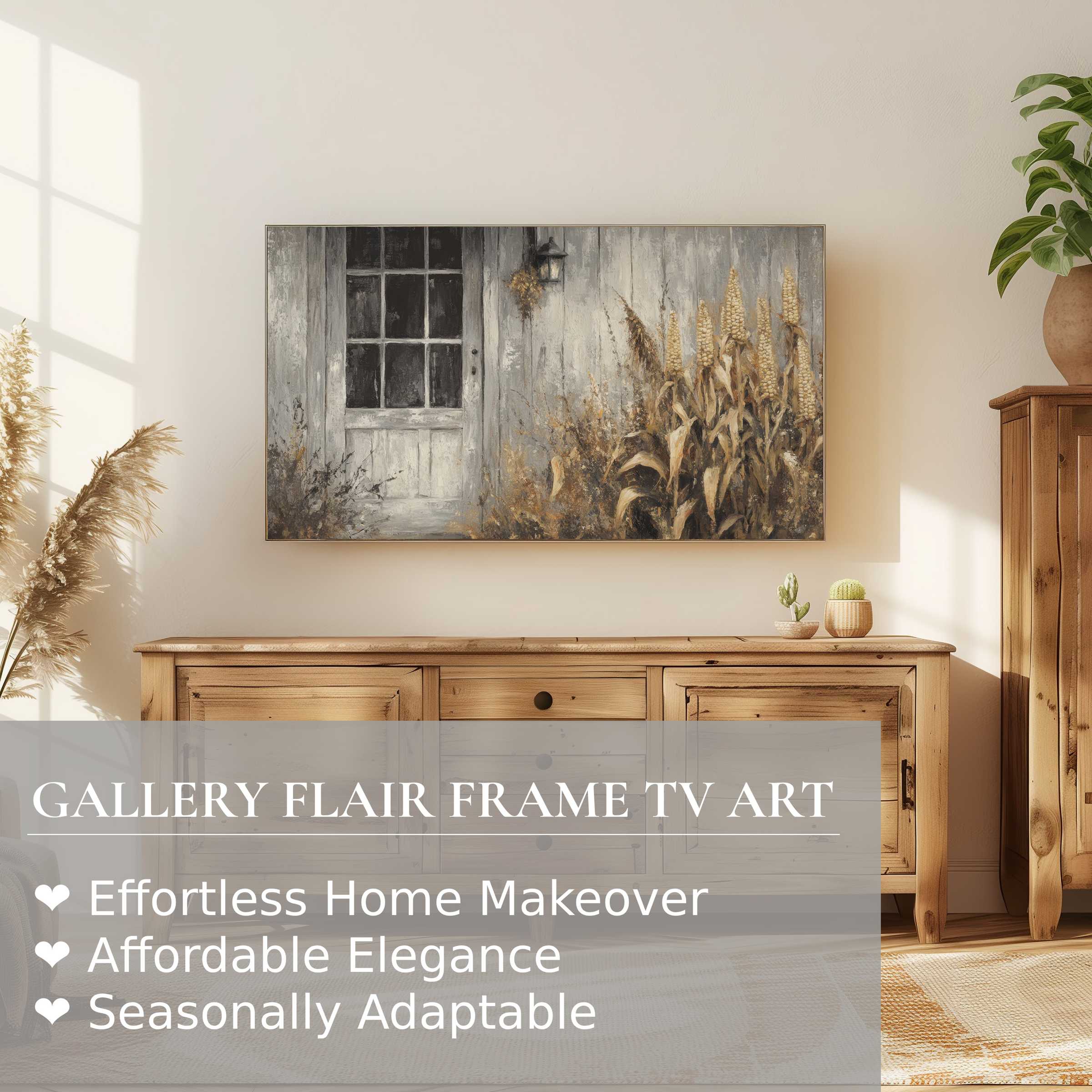 Samsung Frame TV showcasing farmhouse digital artwork in a warm, elegant rustic living room setting