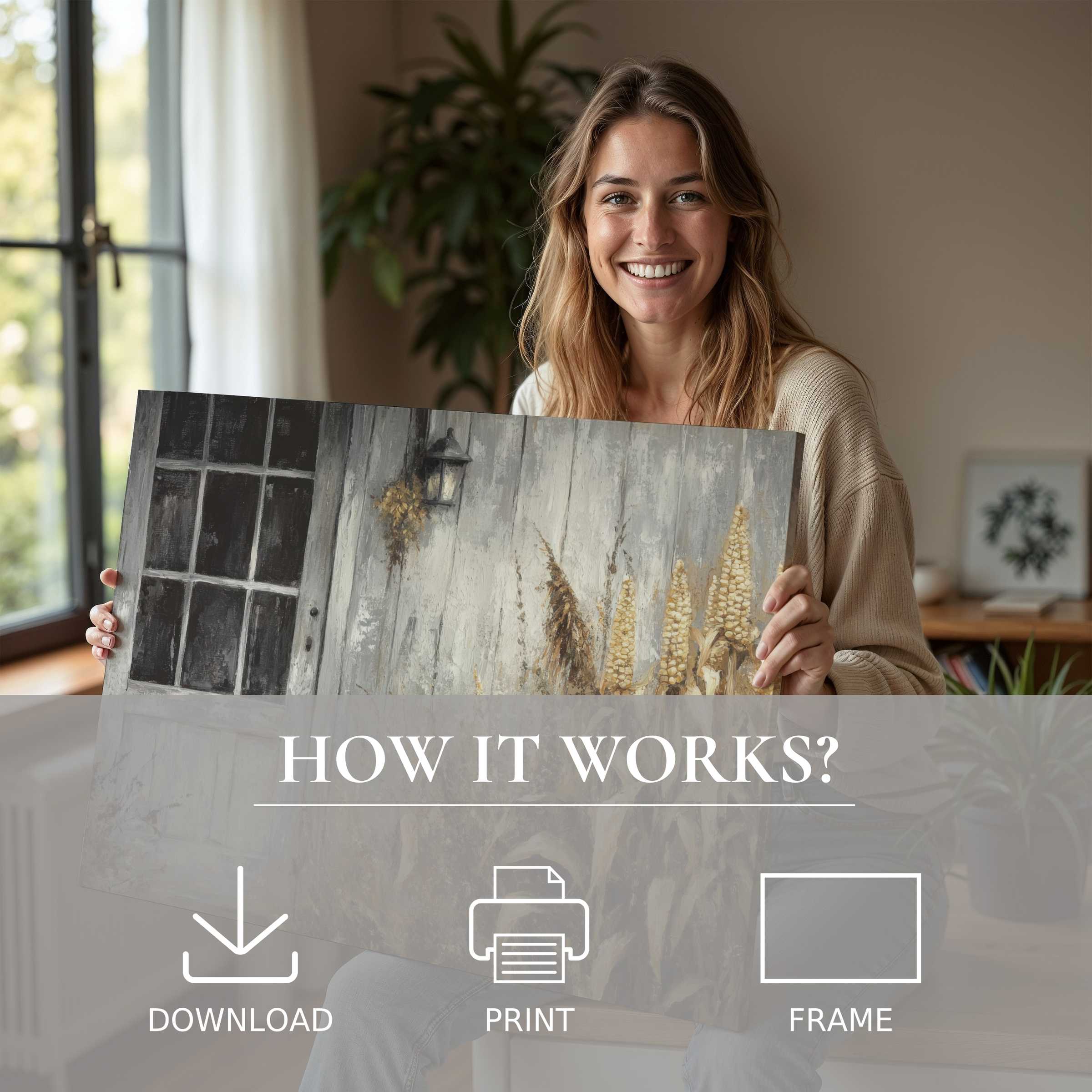 radiant moment of connection and joy as farmhouse digital art print brings warmth and ease to modern living