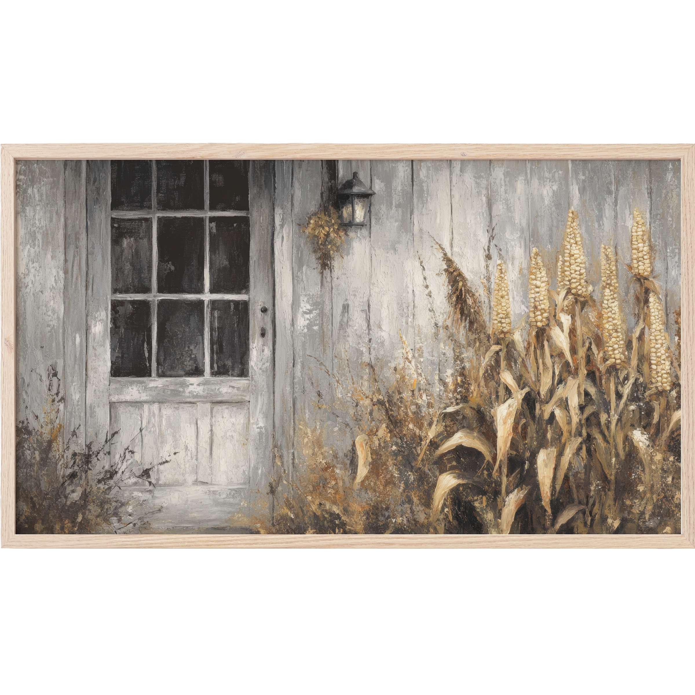 Farmhouse Frame TV Art depicting rustic door and dried cornstalks in muted grays and warm earthy tones