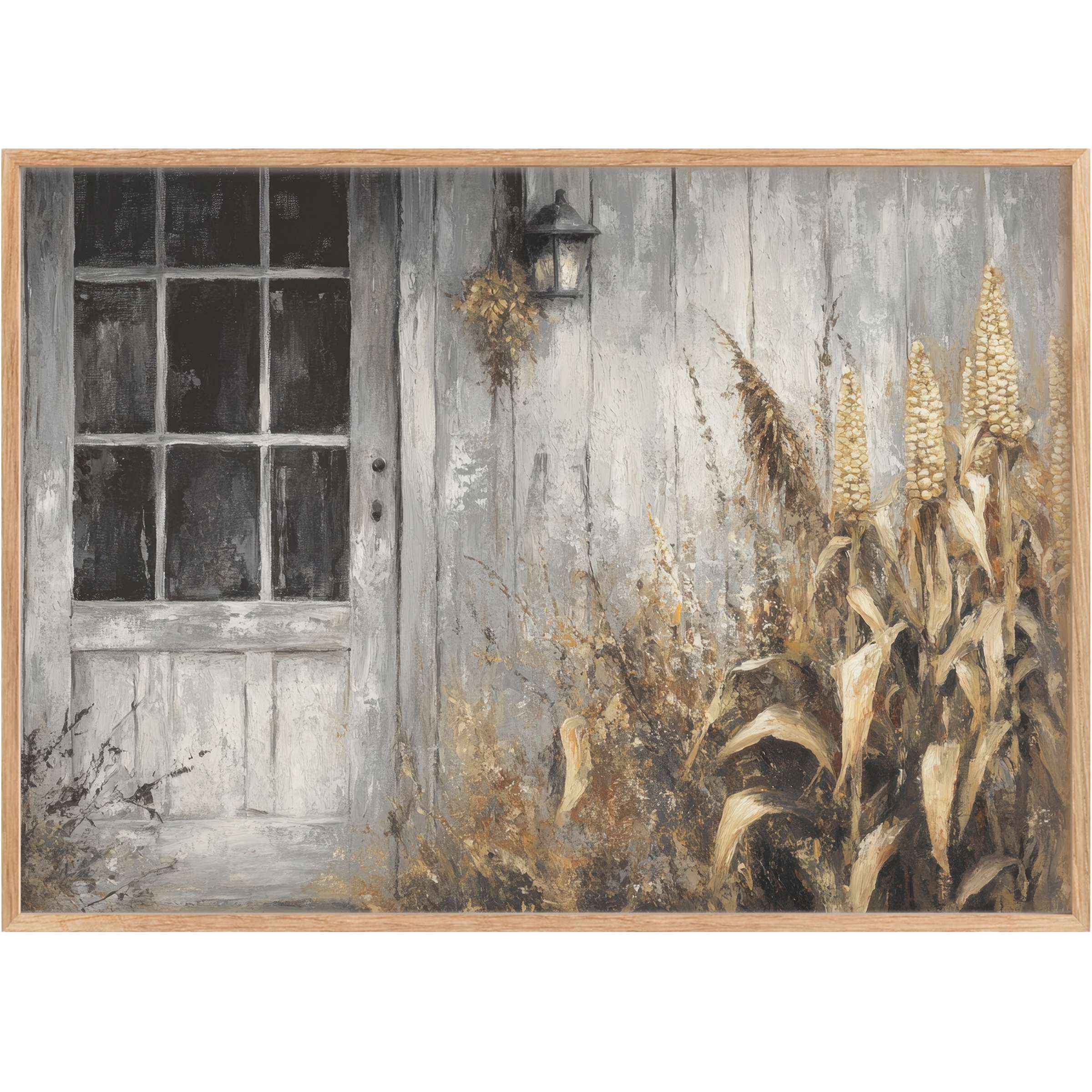 Rustic charm meets timeless elegance in this farmhouse printable wall art, featuring weathered grey wood and golden corn stalks The muted grays and warm ochres create a calming, nostalgic atmosphere that elevates any sophisticated home decor