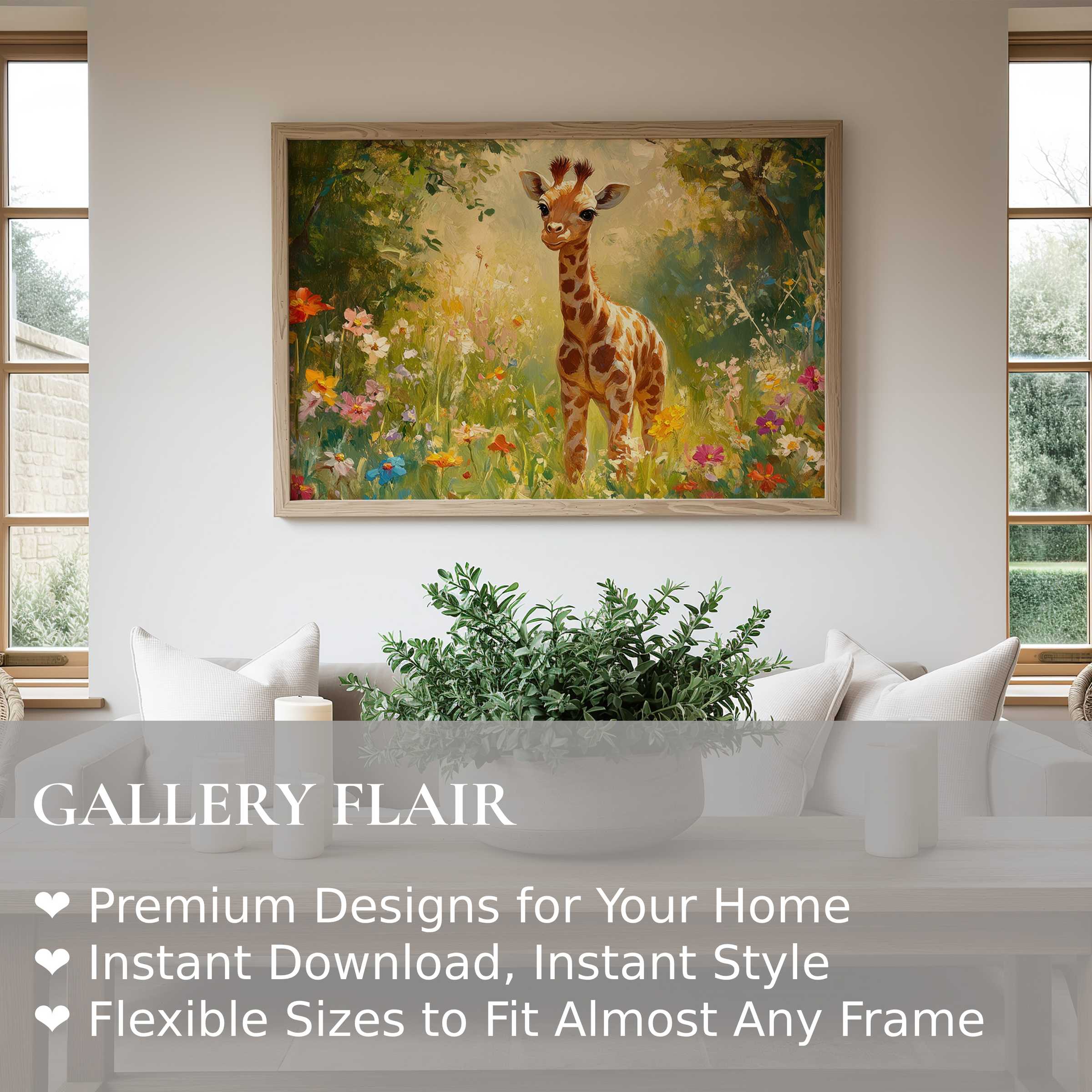 Nursery wall art print of a radiant baby giraffe amidst vibrant wildflowers, enhancing serene, modern minimalist interiors with joyful charm