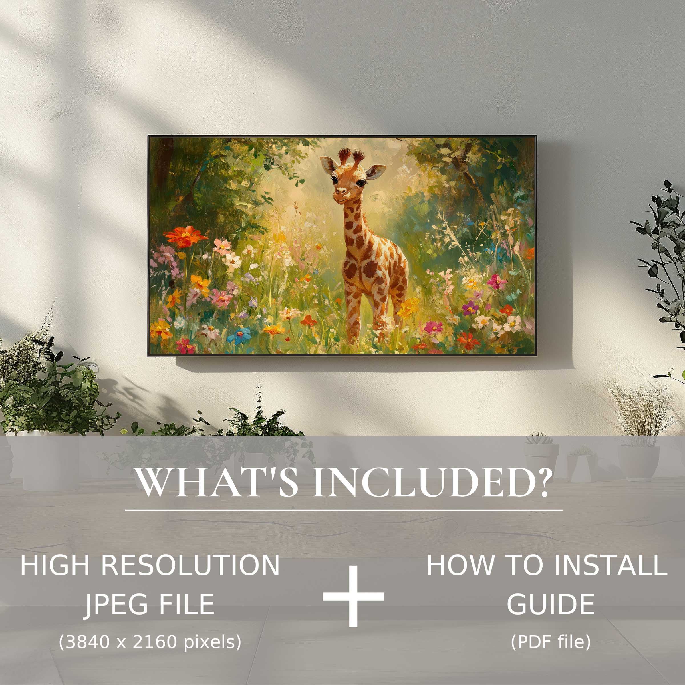Elegant nursery digital TV art download featuring a charming giraffe, enhancing space with easy digital use and style