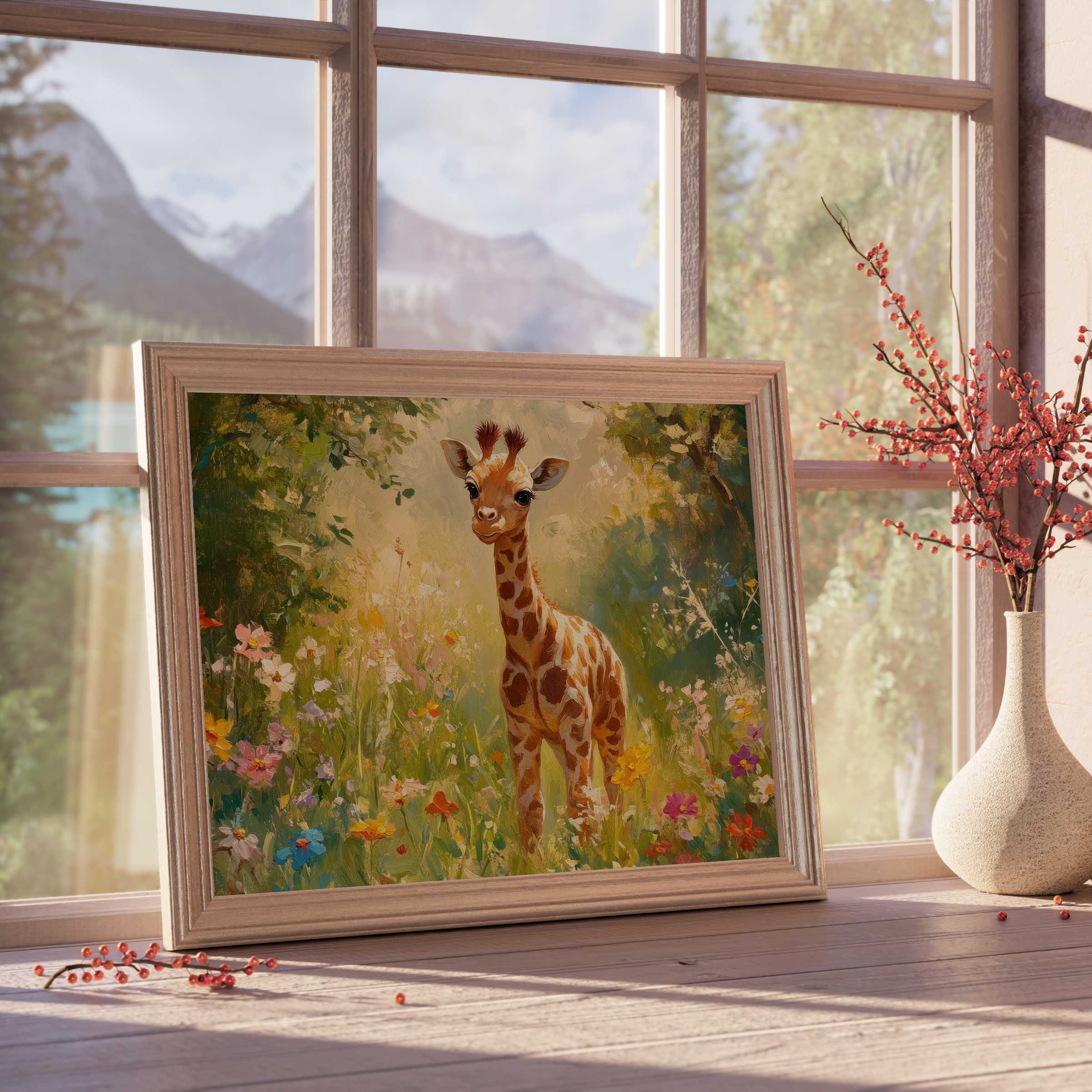 Nursery downloadable art featuring a charming baby giraffe in a sunlit wildflower garden, enriching serene, design-forward interiors