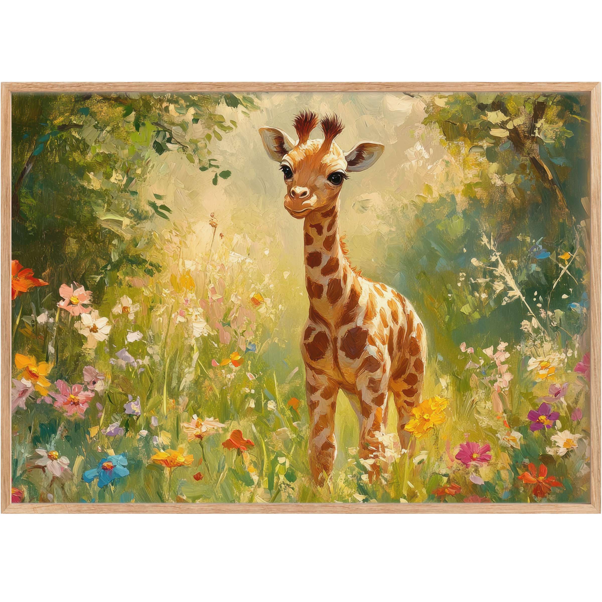 Adorable giraffe amidst a sunlit wildflower meadow creates a serene, joyful vibe in this nursery printable wall art