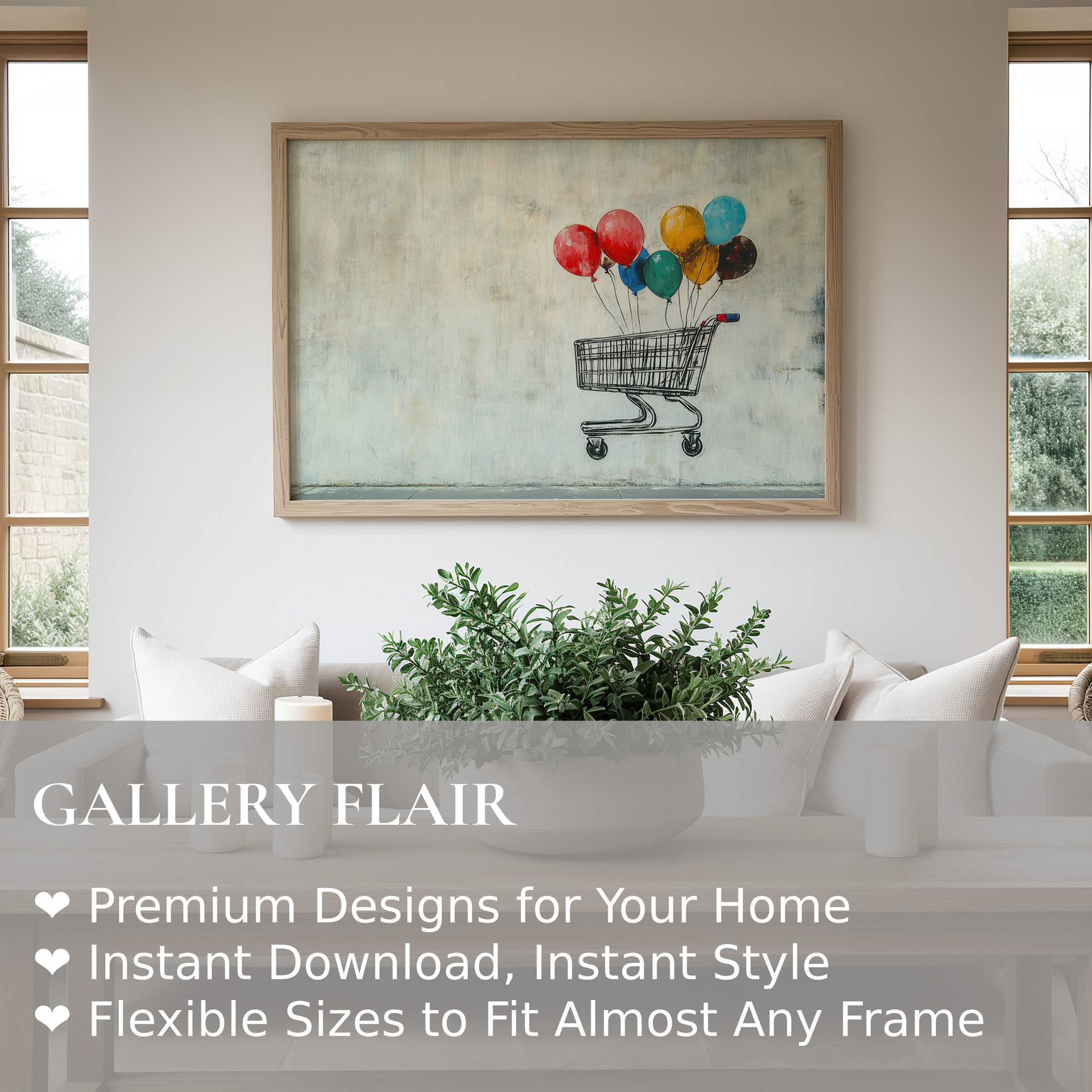 Street art wall art print with playful balloons and shopping cart, adding bold, whimsical energy to a serene, modern living space