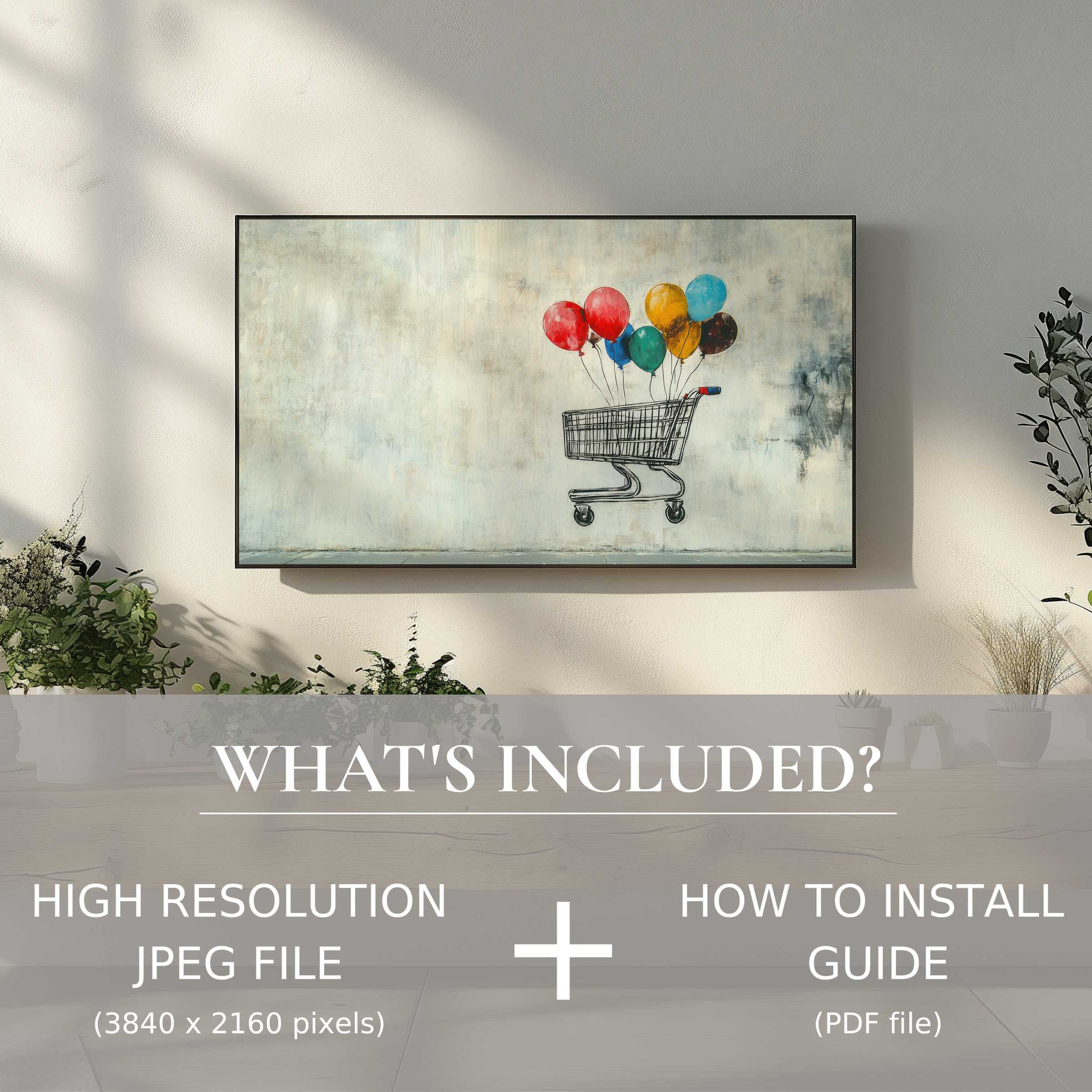 Elegant living room with street art digital TV art download; easy digital use brightens and elevates your space