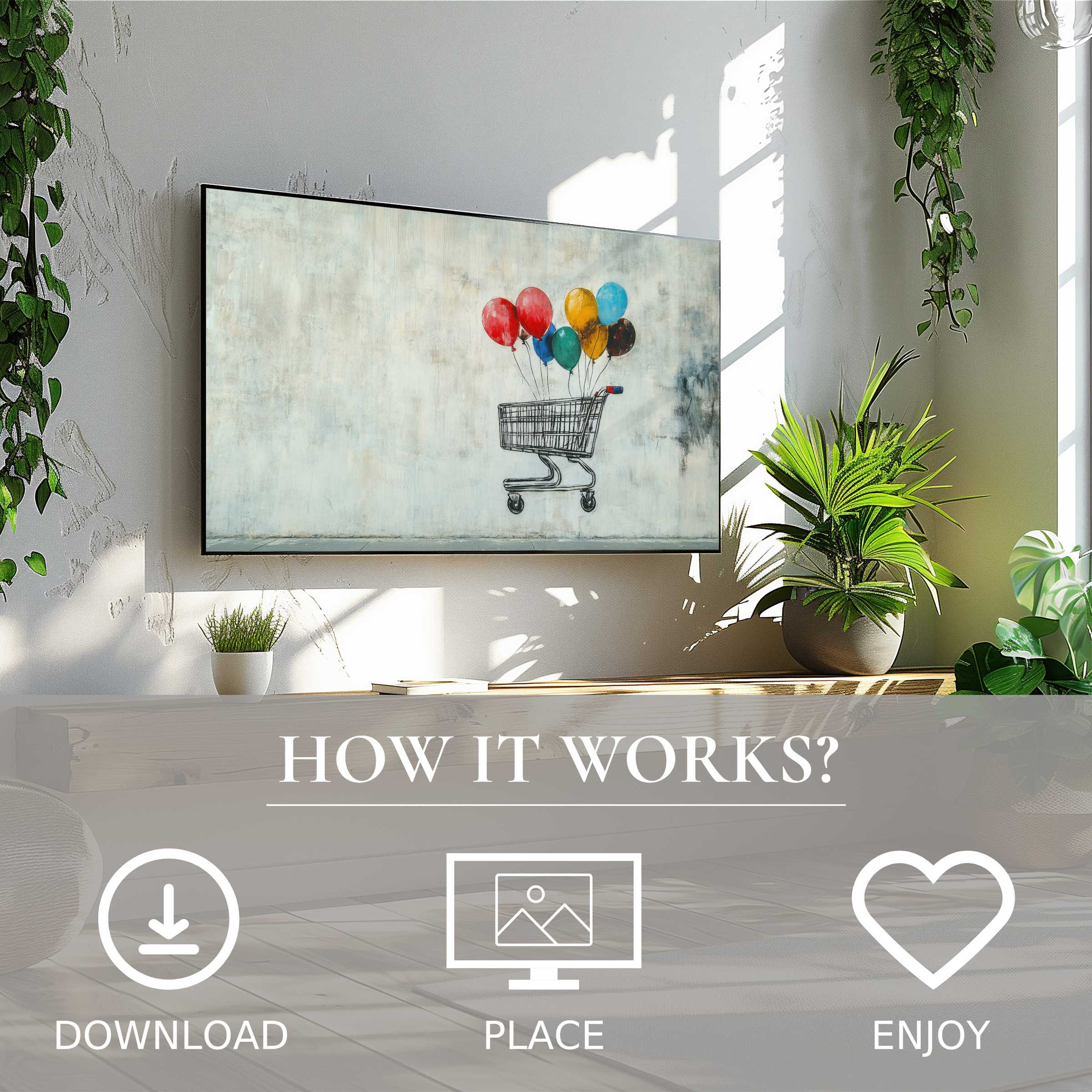 Modern living room with easy digital download street art for Samsung TV, featuring colorful balloons and cart motif