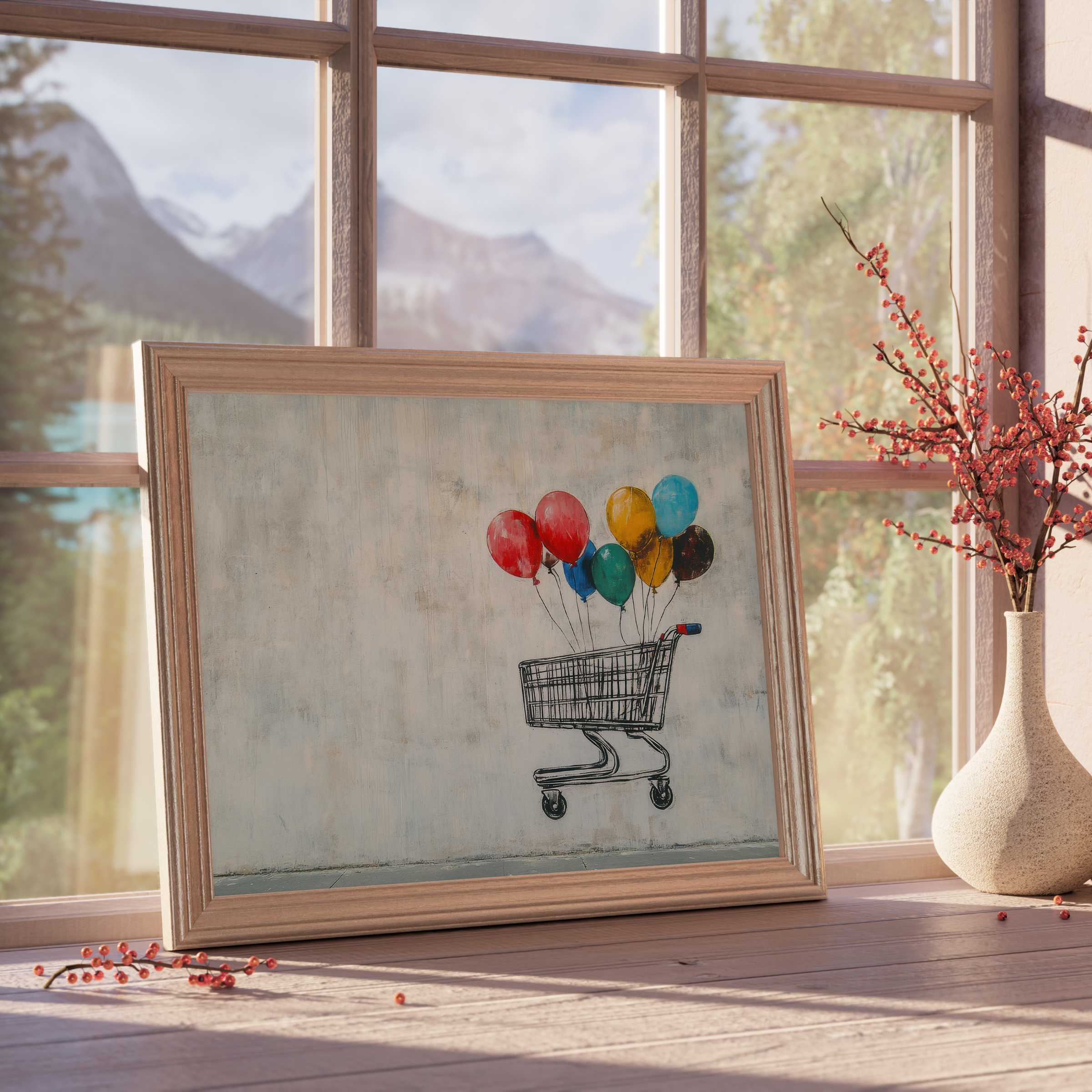 Urban whimsy meets modern elegance in this street art downloadable art, where vibrant balloons lift a sleek shopping cart-infusing curated interiors with playful charm and tranquil sophistication