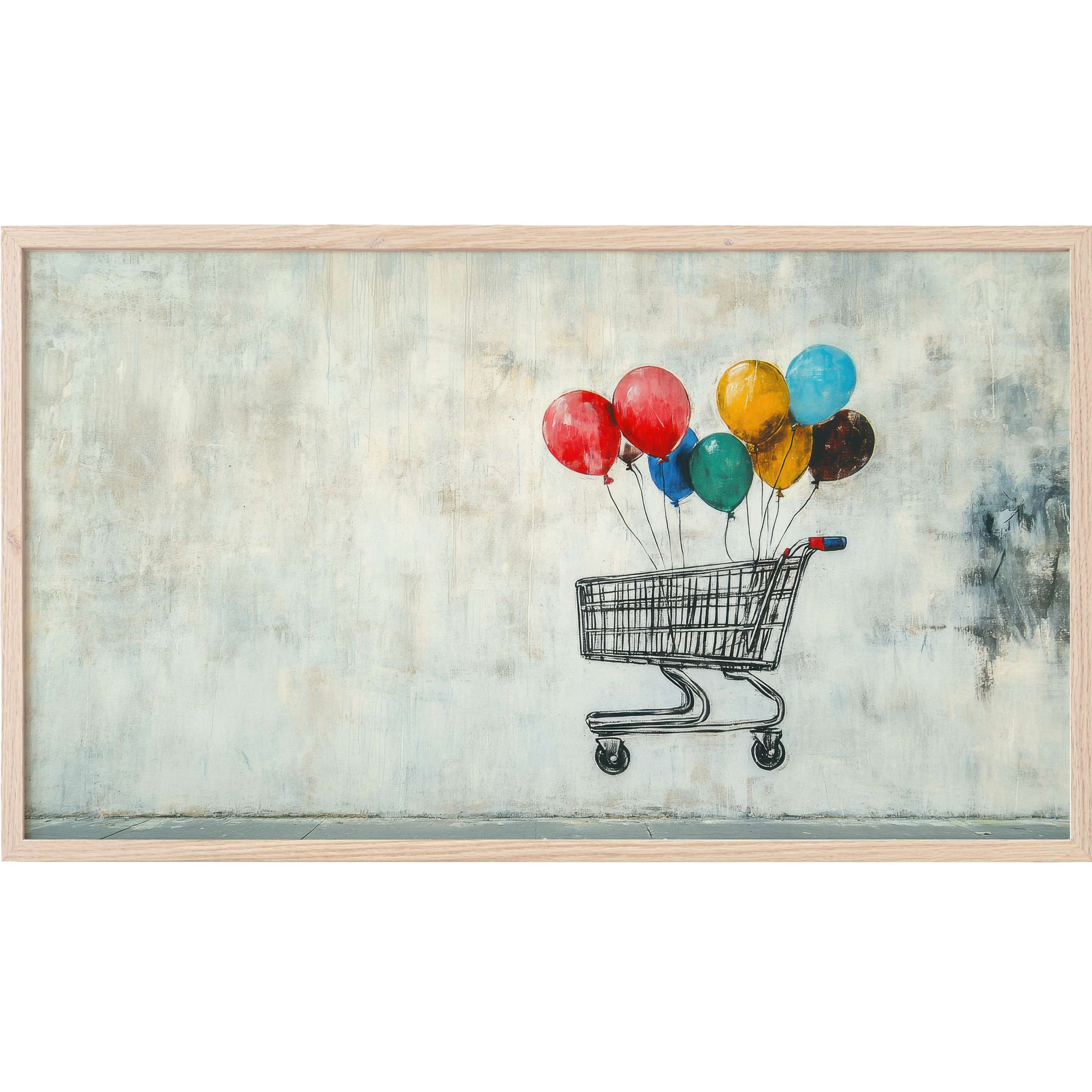 Minimalist street art Frame TV Art depicting a shopping cart with vibrant balloons against a muted textured wall