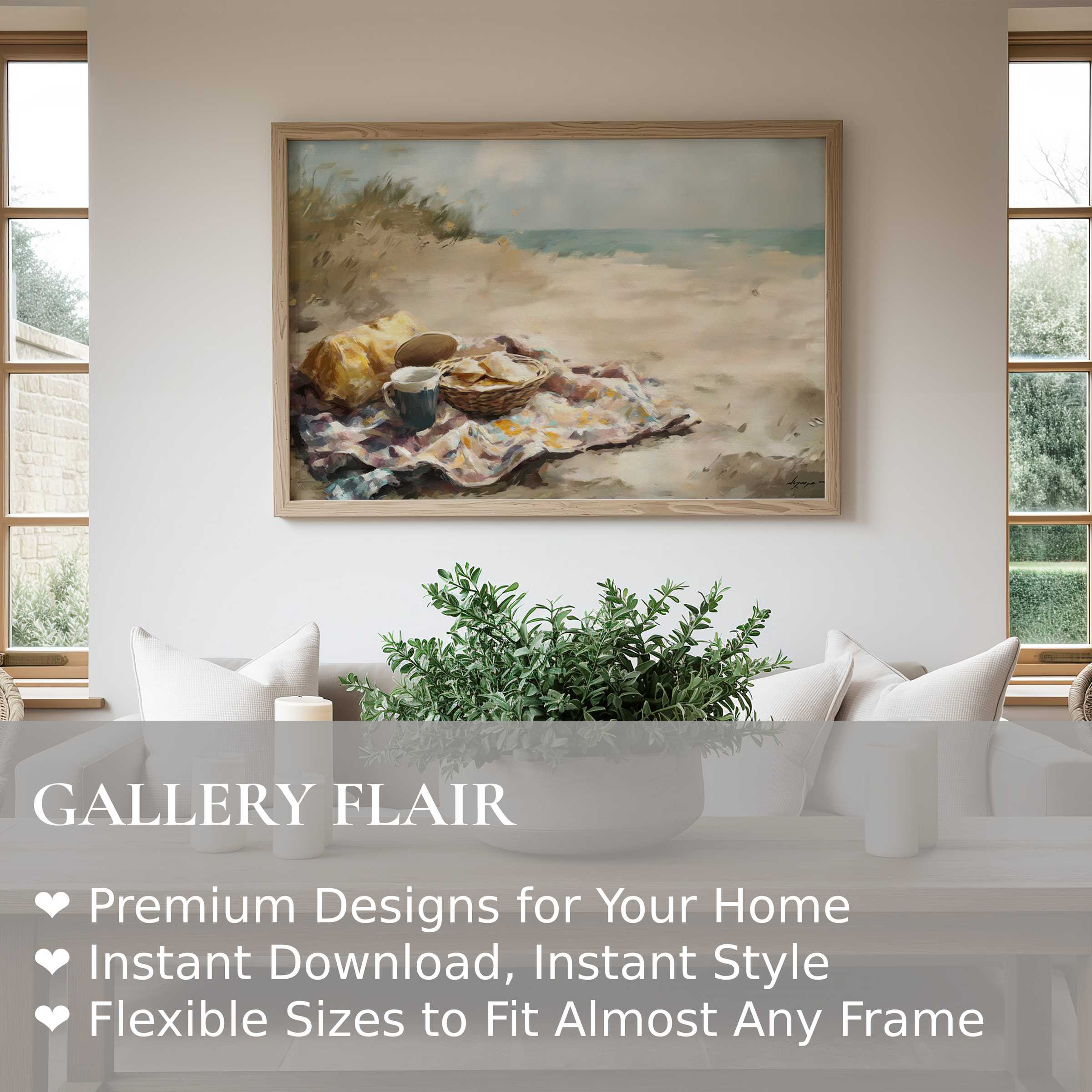 Serene beach wall art print featuring a soft, calming coastal picnic scene in a modern minimalist living space