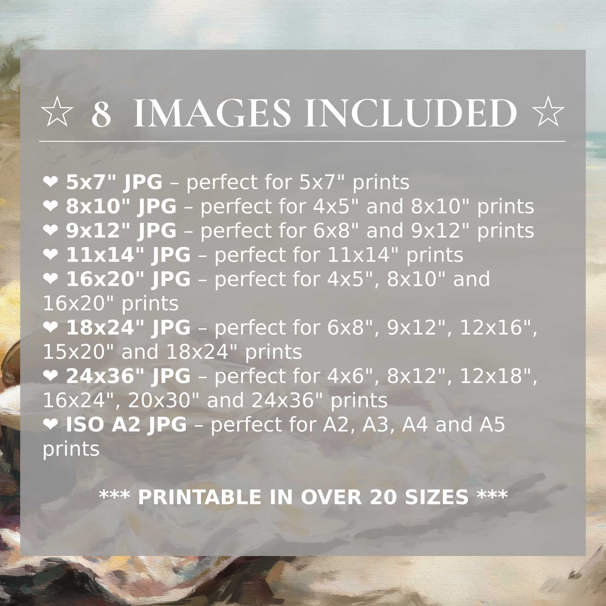 Radiant beach digital print featuring calming sea blues and warm sands, elevating modern interiors with 8 high-quality sizes included