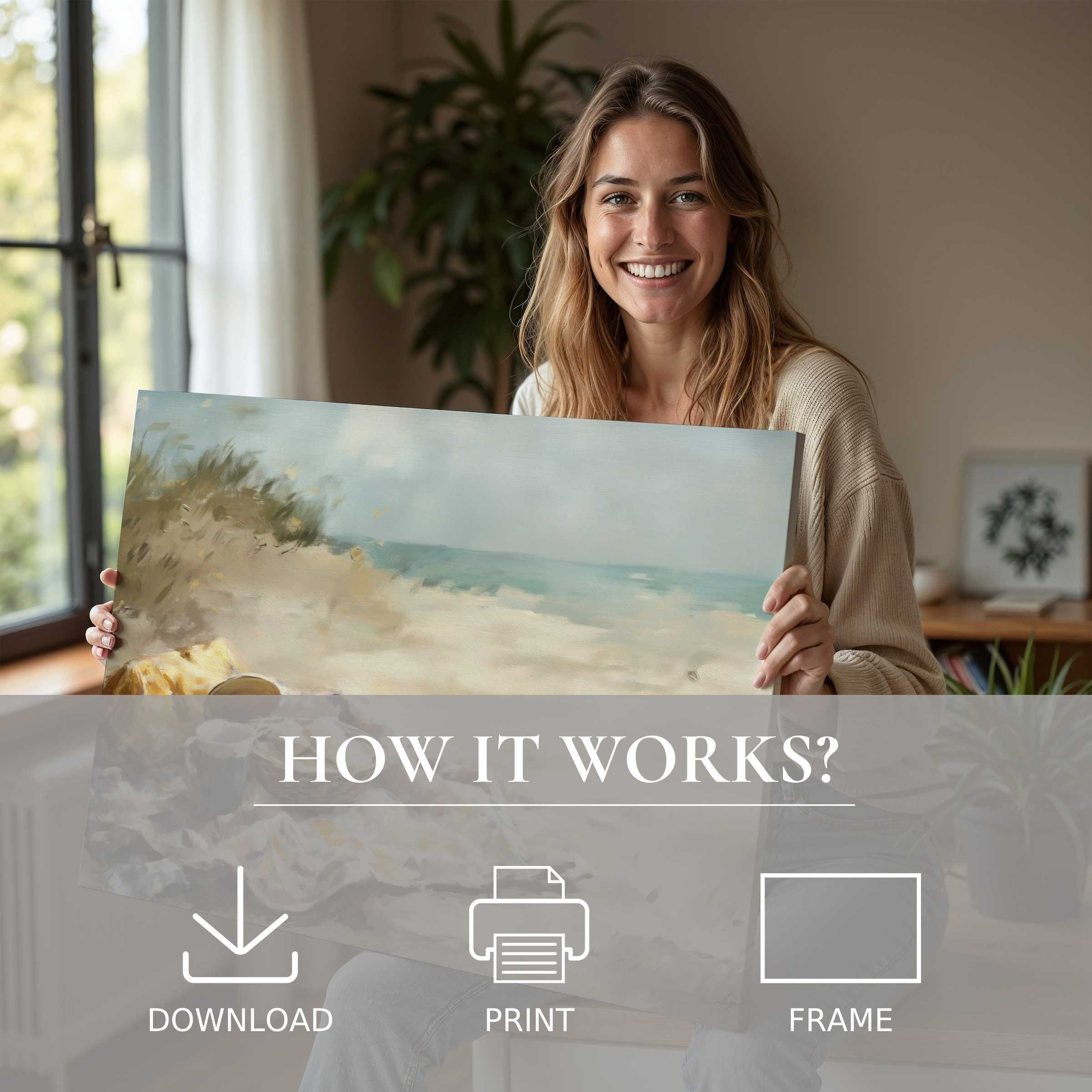 A serene moment of joy with a beach digital art print, transforming modern living spaces with effortless elegance