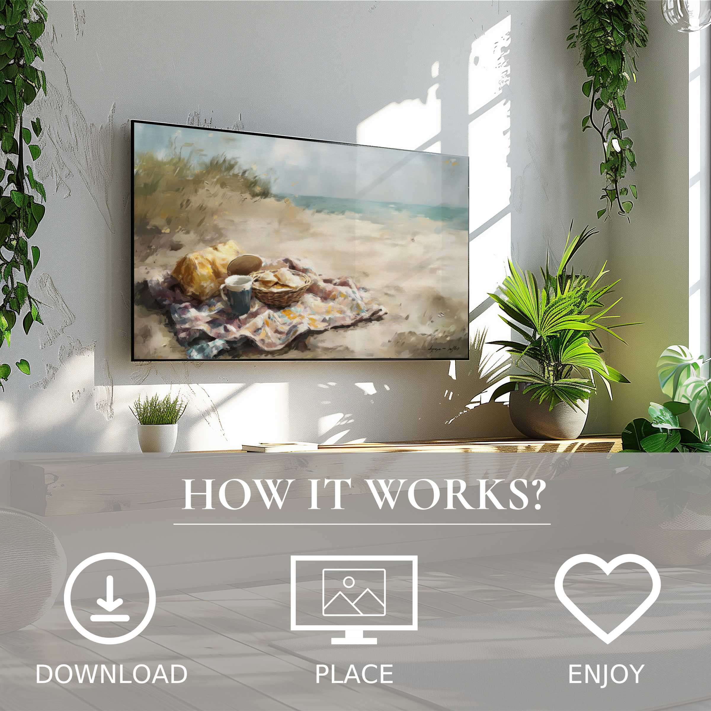 Modern living room with beach art for Samsung TV; soft pastel picnic scene, easy digital download, elevates space