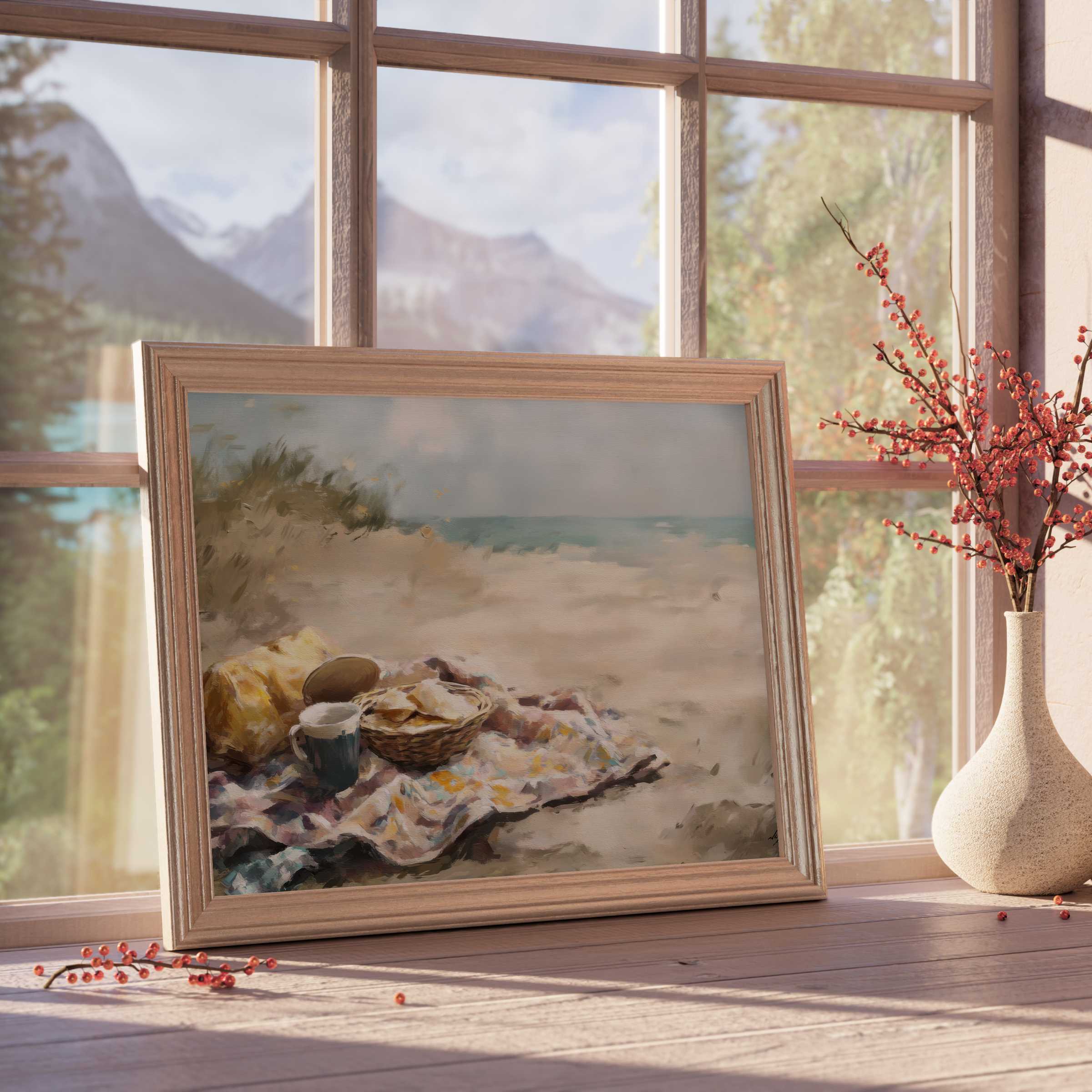 Tranquil beach downloadable art paired with soft light and rustic frame, evoking serene coastal mornings in refined, curated interiors