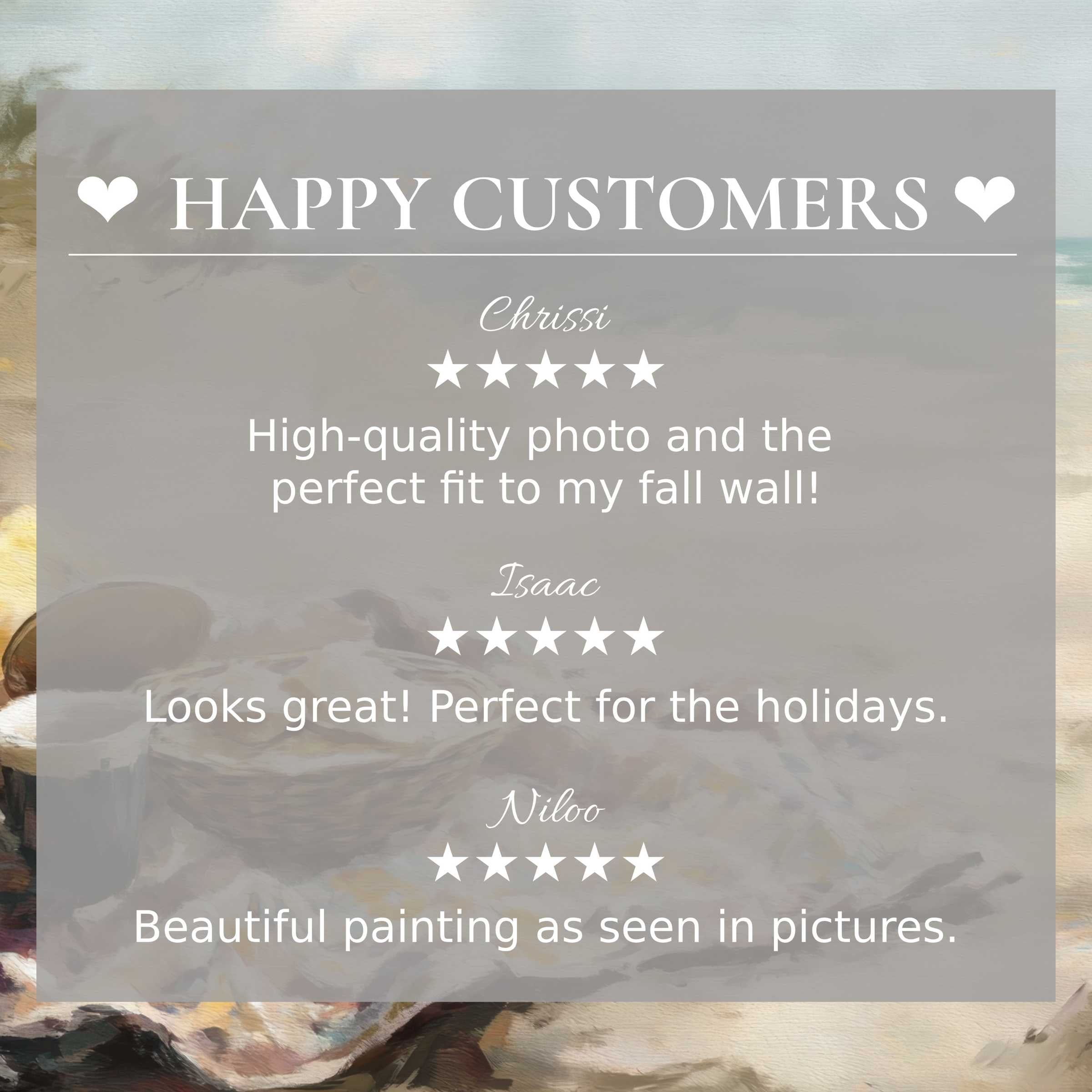 Beach art for Frame TV with abstract sunset hues, showcasing happy customer reviews and elegant, trustworthy design