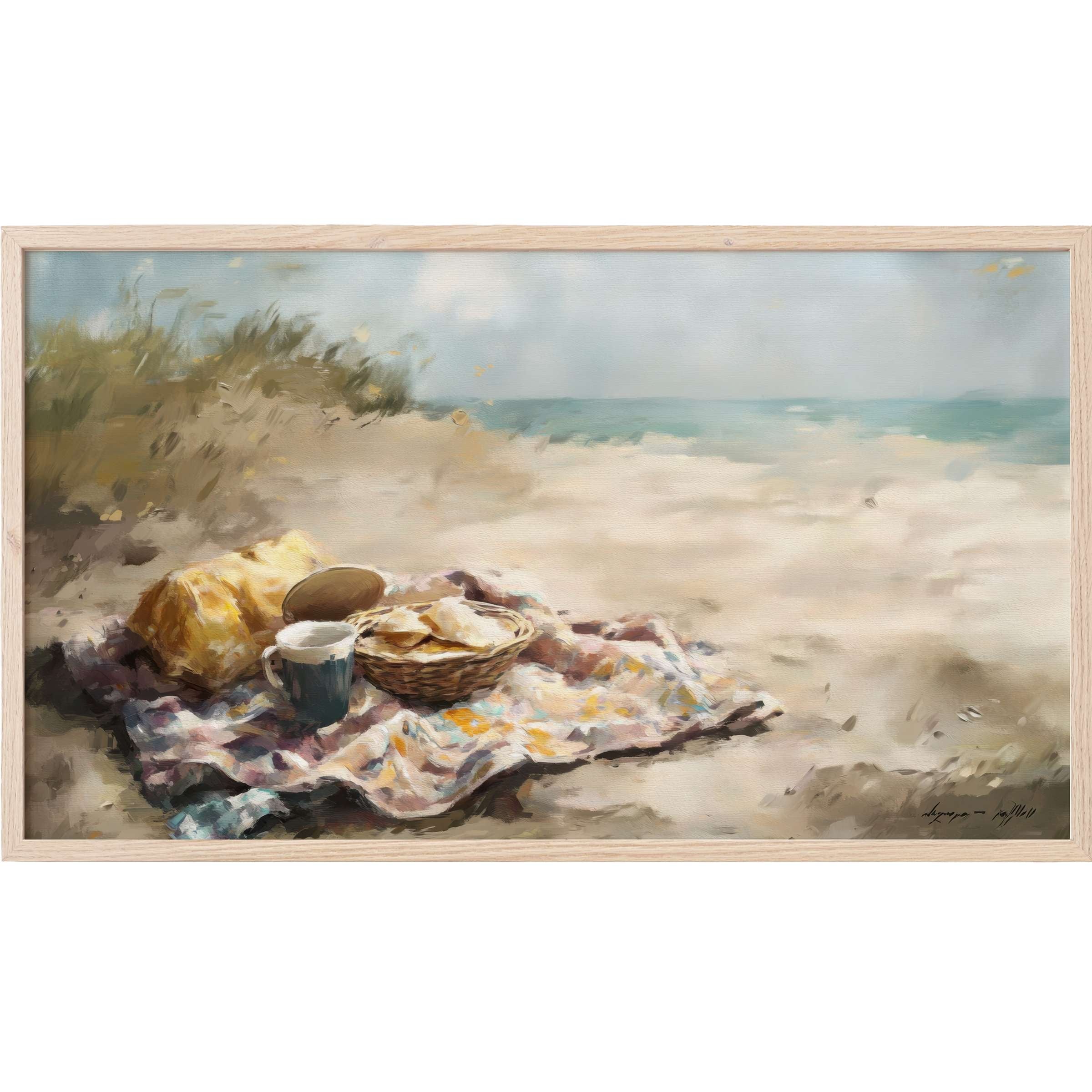 Soft pastel hues depict a serene beach picnic scene in elegant, painterly strokes - beach Frame TV Art
