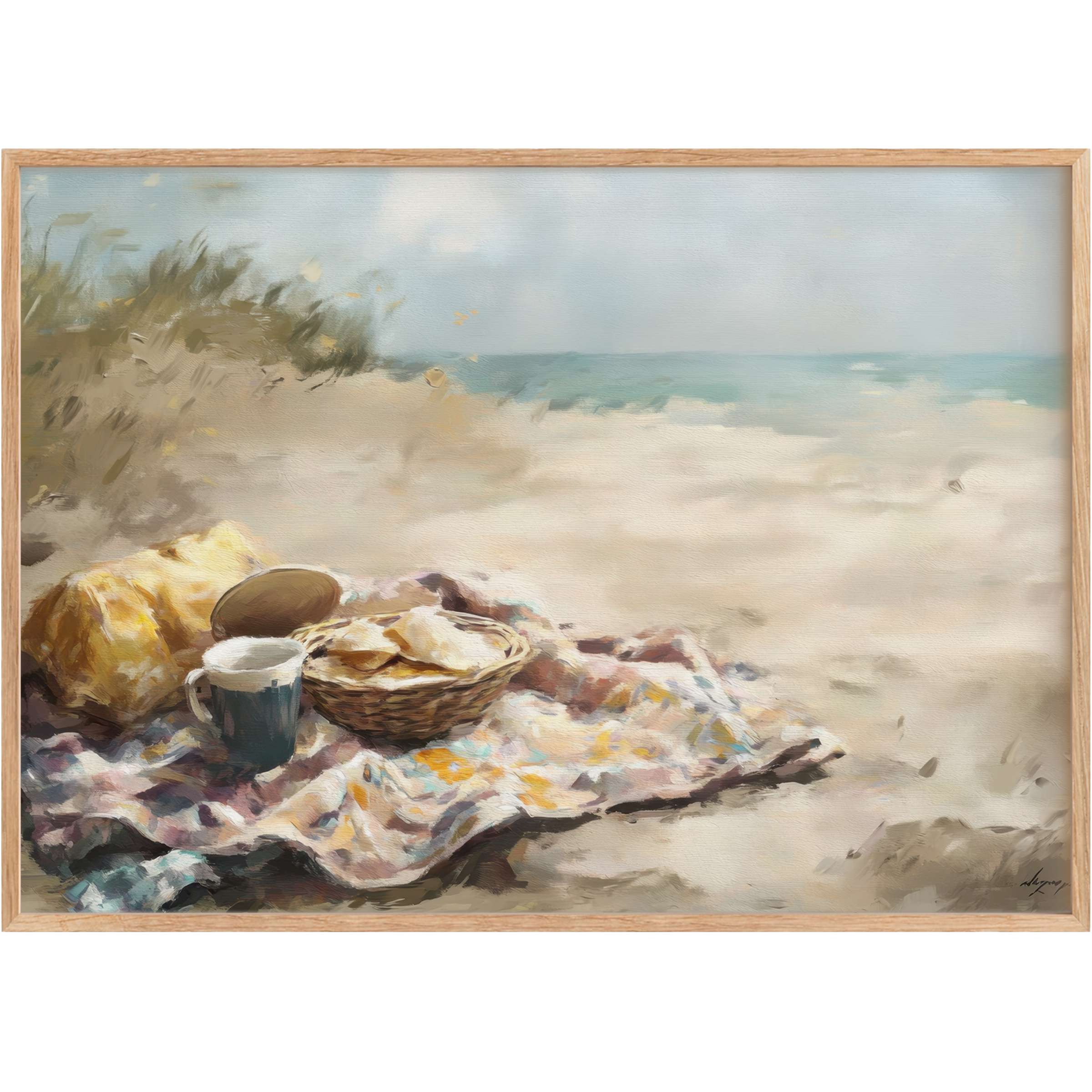 Serene beach printable wall art capturing a soft morning by the sea with warm beige tones and gentle blue waves, evoking tranquil coastal charm