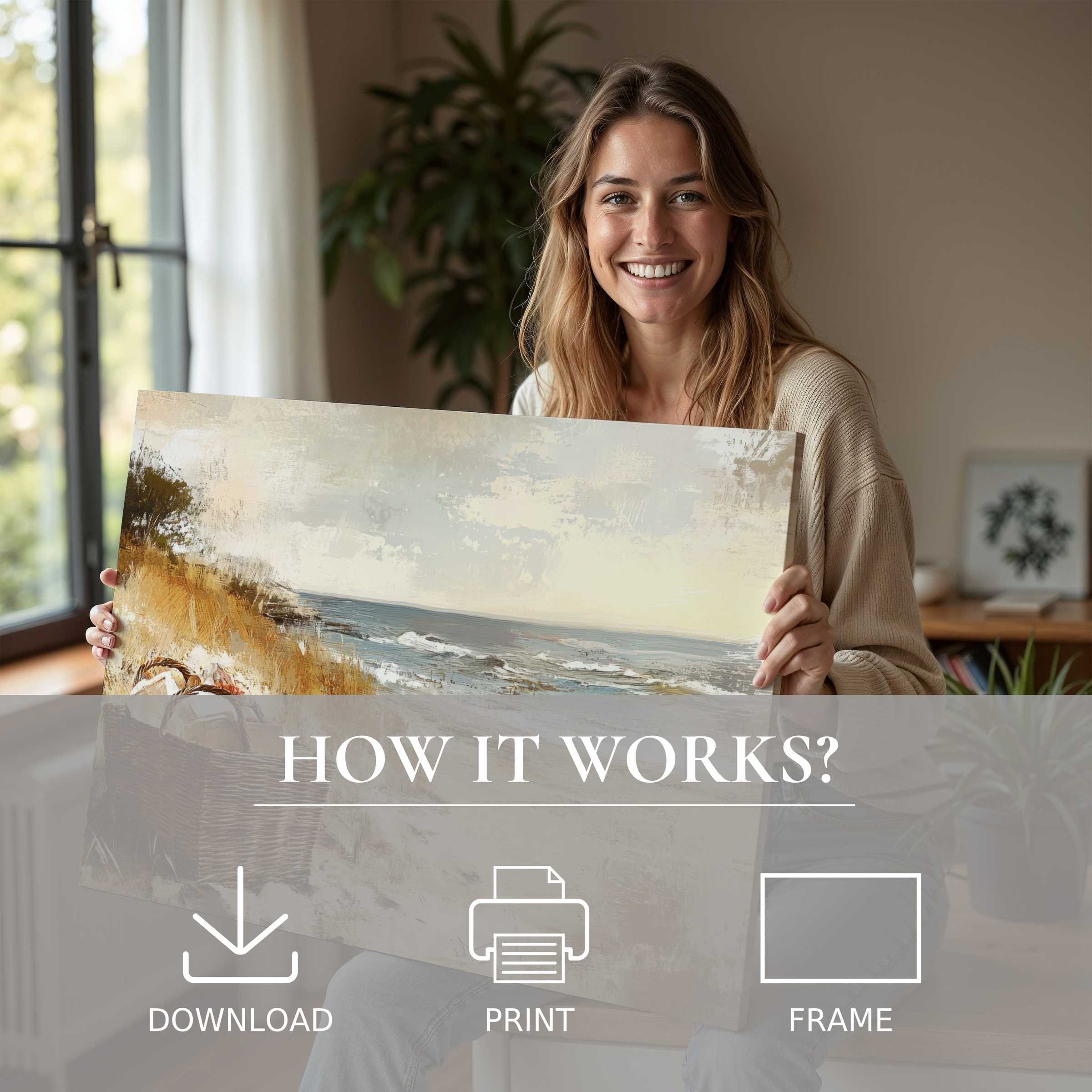 Refined woman embraces a coastal digital art print, capturing serene seaside hues that enrich modern home calm and joy