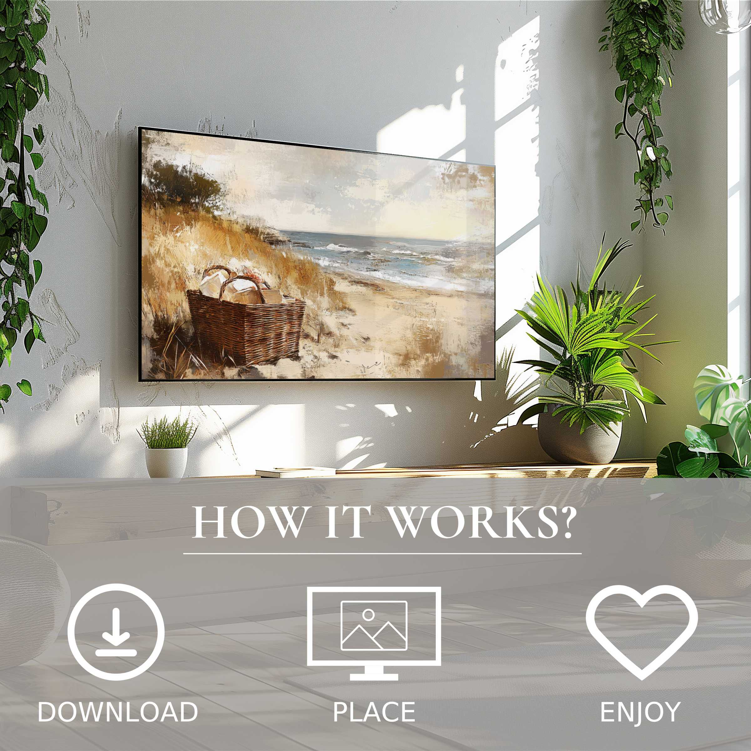 Coastal art for Samsung TV with soft beach tones; easy digital download enriches your modern living space