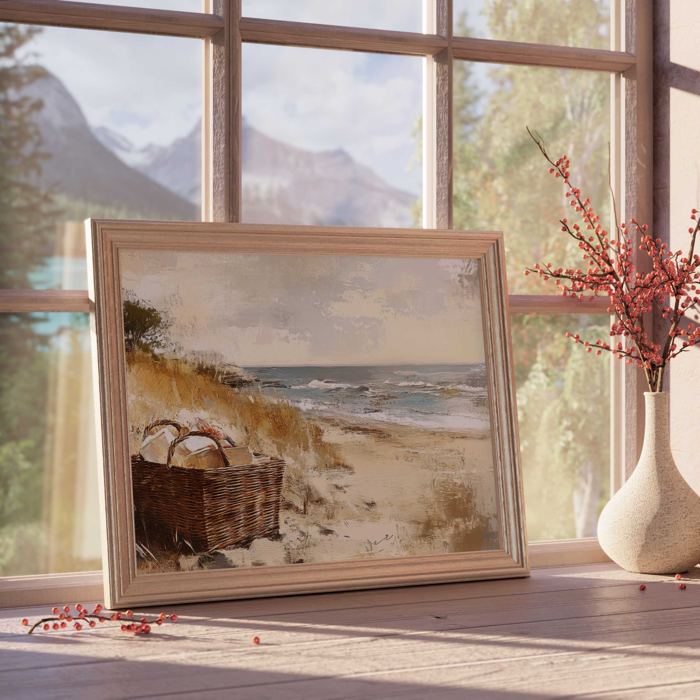 Serene coastal downloadable art capturing gentle waves and sunlit dunes, perfect for curated, tranquil, design-forward interiors