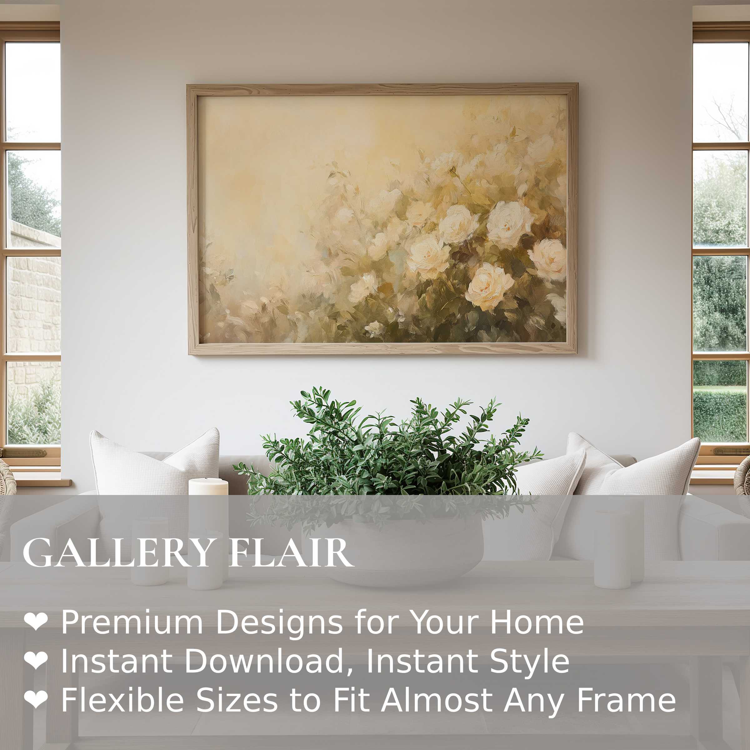 Elegant summer wall art print featuring soft, radiant white roses, enriching modern minimalist interiors with serene, natural beauty and timeless charm