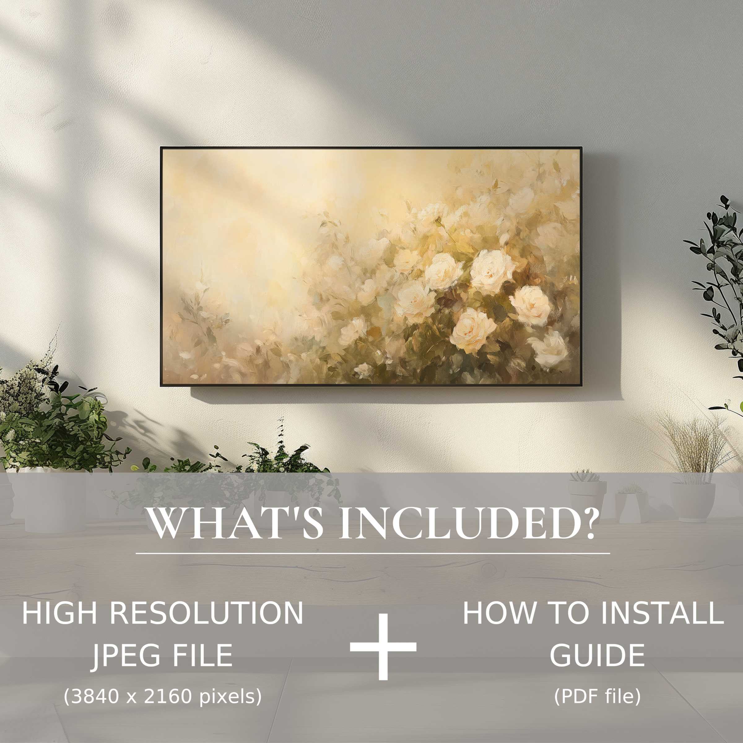 Elegant summer digital TV art download showcases soft florals, enhancing your space with easy digital installation