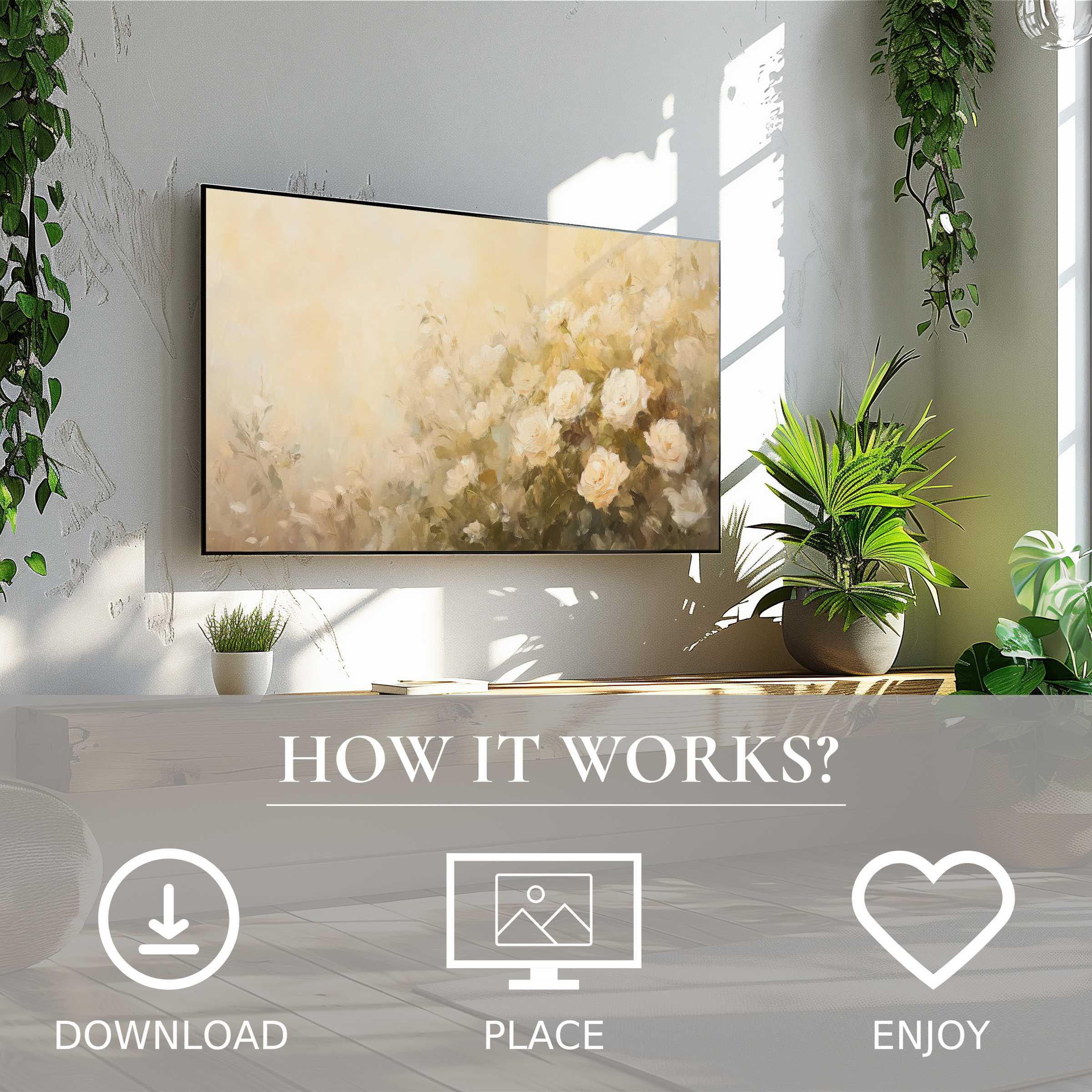 Summer art for Samsung TV showing soft sunset tones of blooming roses, easy digital download enriches modern living spaces